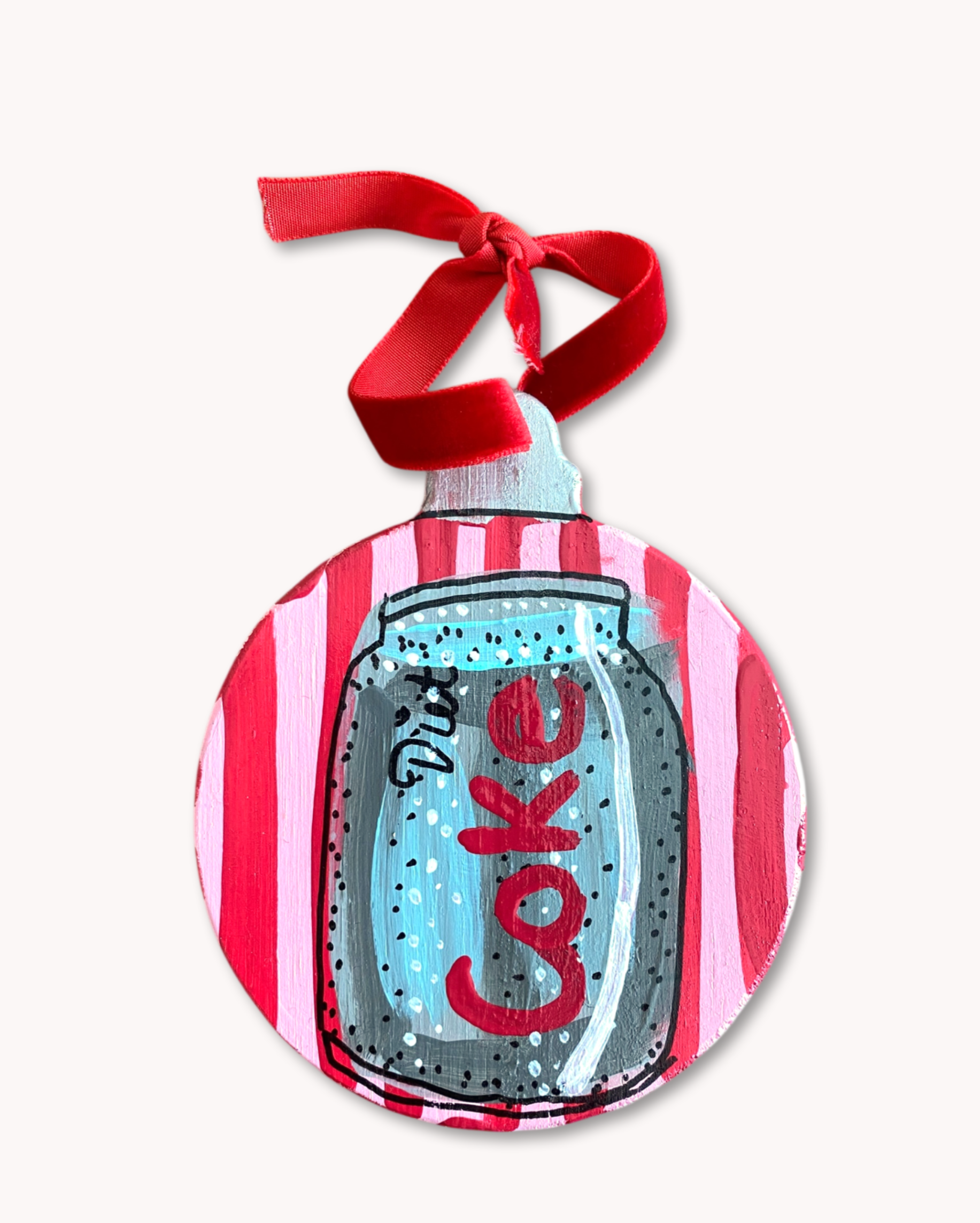 Red & Pink Stripe Diet Soda Hand Painted Ornament