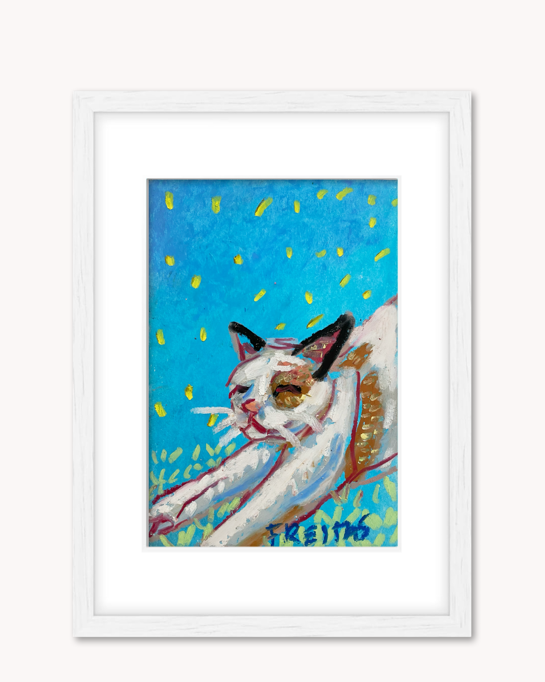Stretching Cat ( Framed Original Oil Pastel Art )