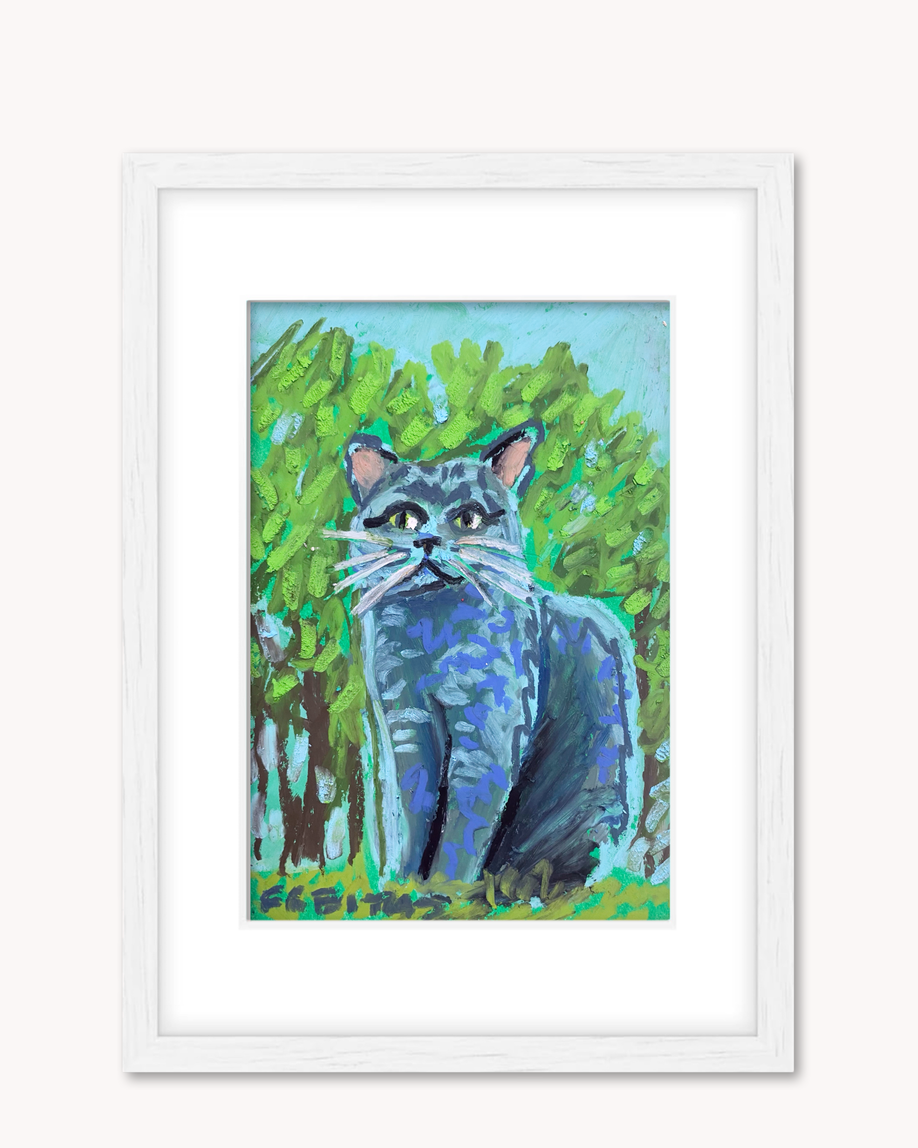 Russian Blue Cat ( Framed Original Oil Pastel Art )
