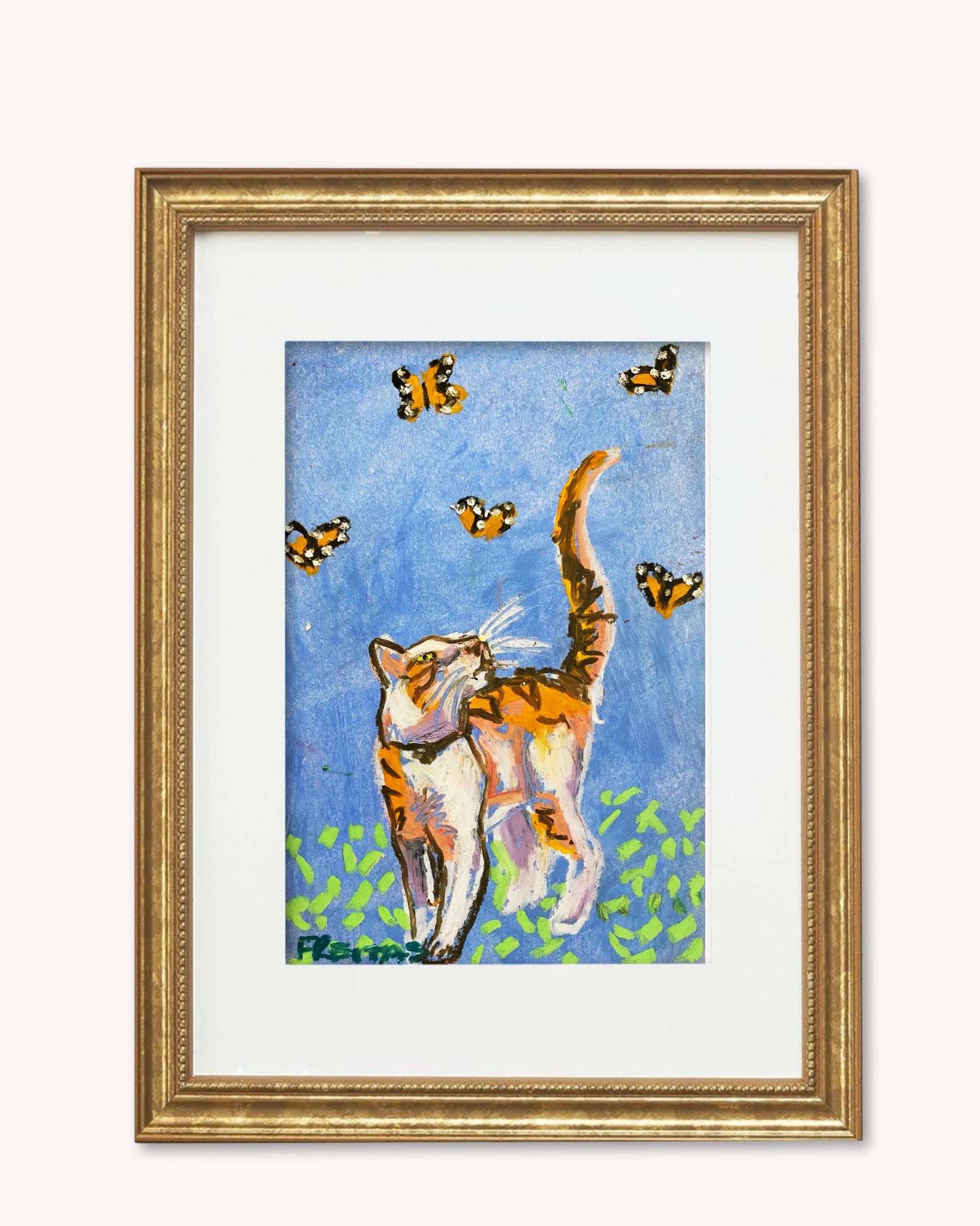 Orange Tabby & Monarchs ( Framed Original Oil Pastel Art )