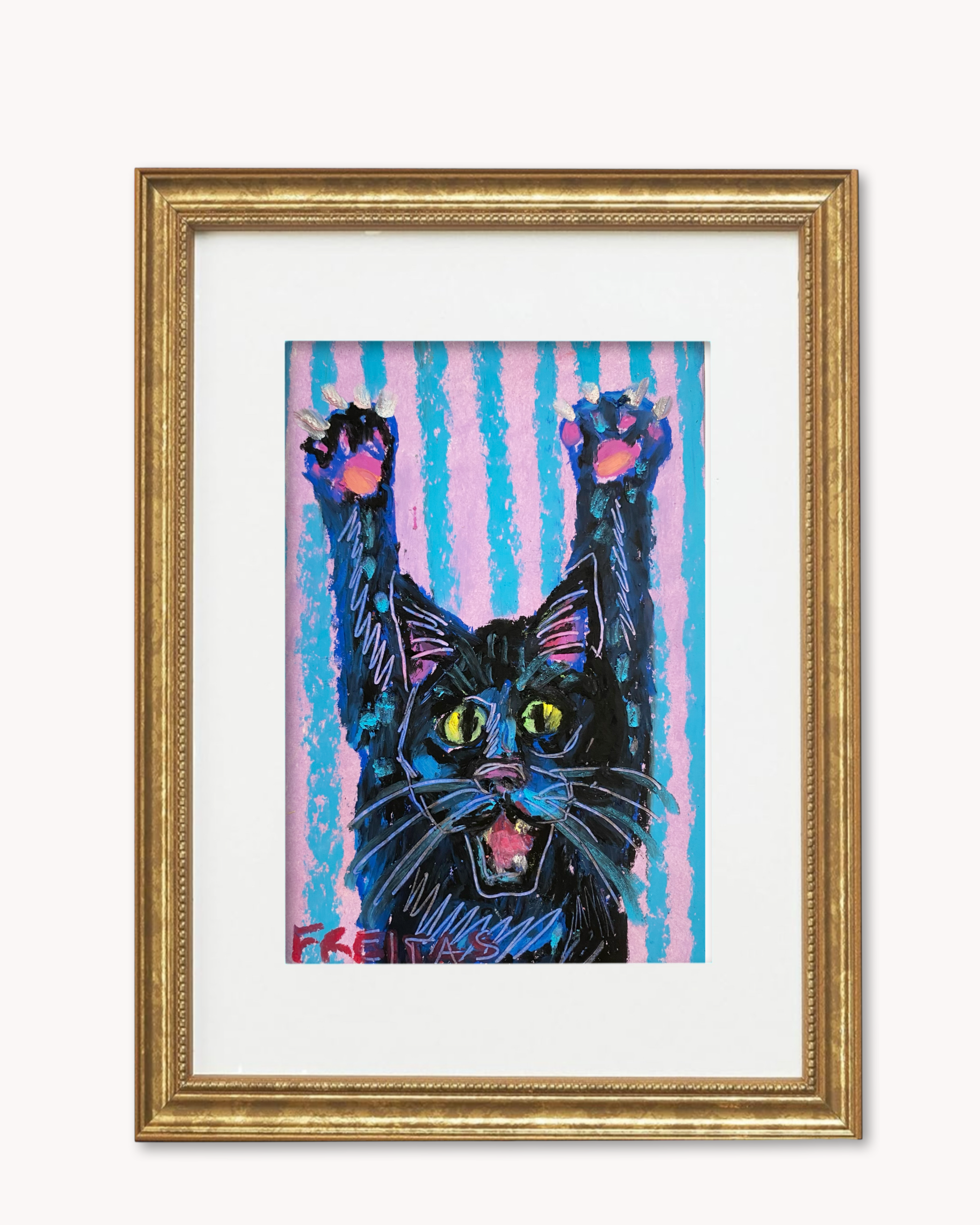 Black Cat Scratch ( Framed Original Oil Pastel Art )
