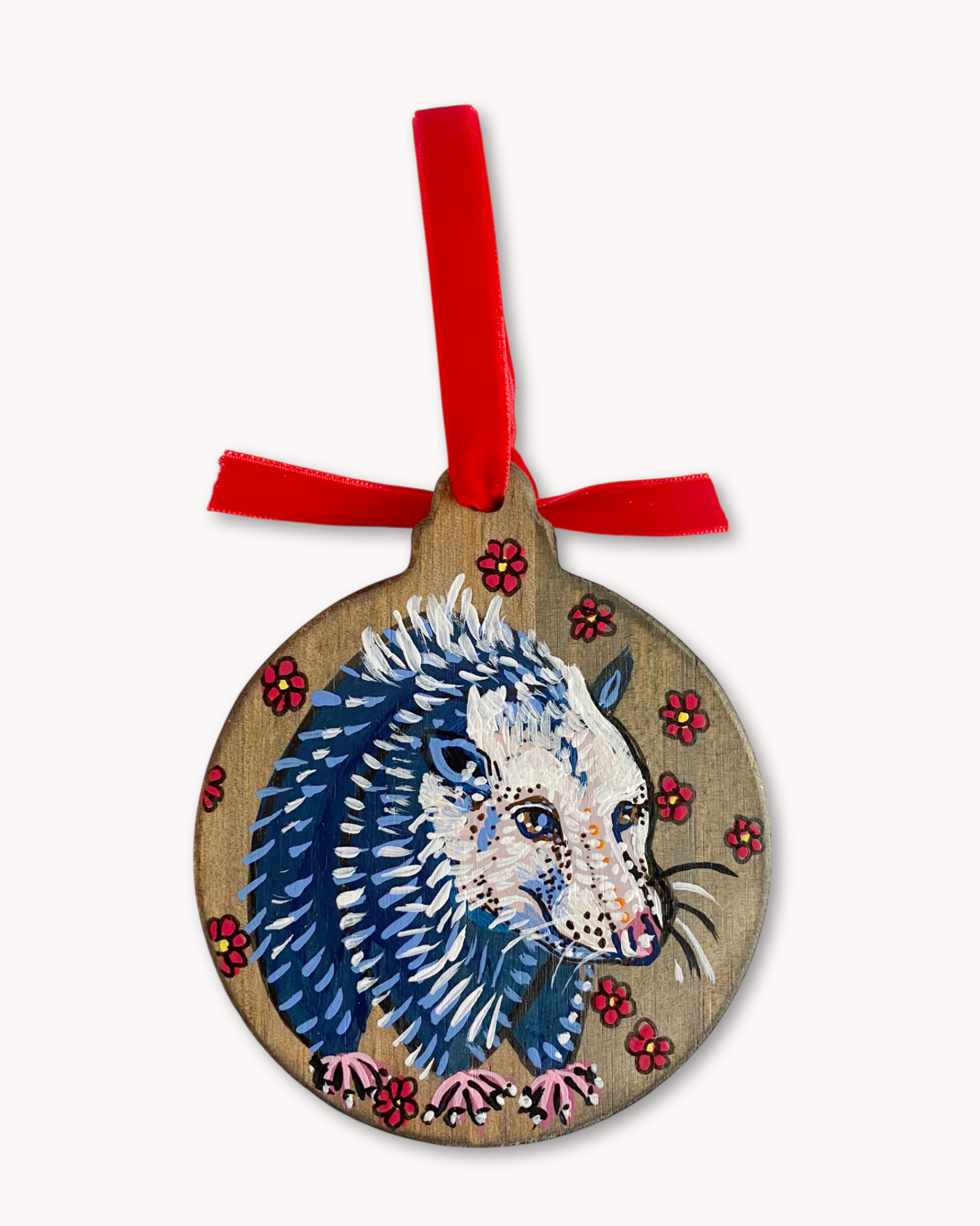 Red Flower Opossum Hand Painted Ornament