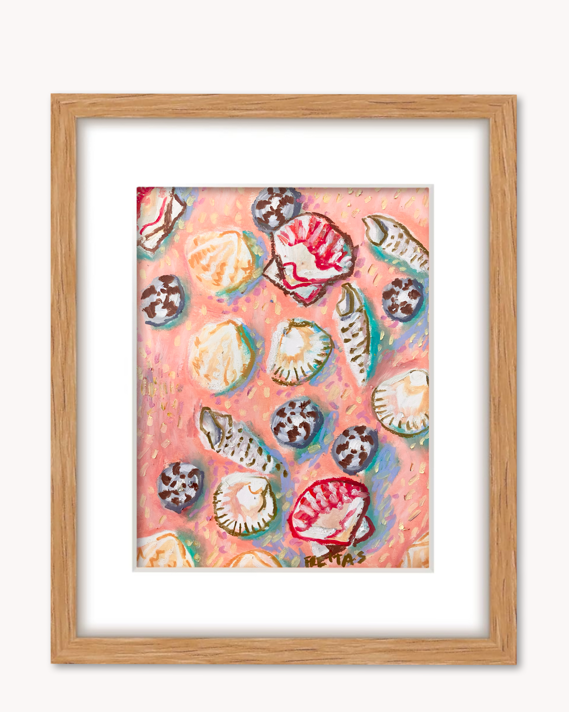 Pink Shells ( Framed Original Oil Pastel Art )