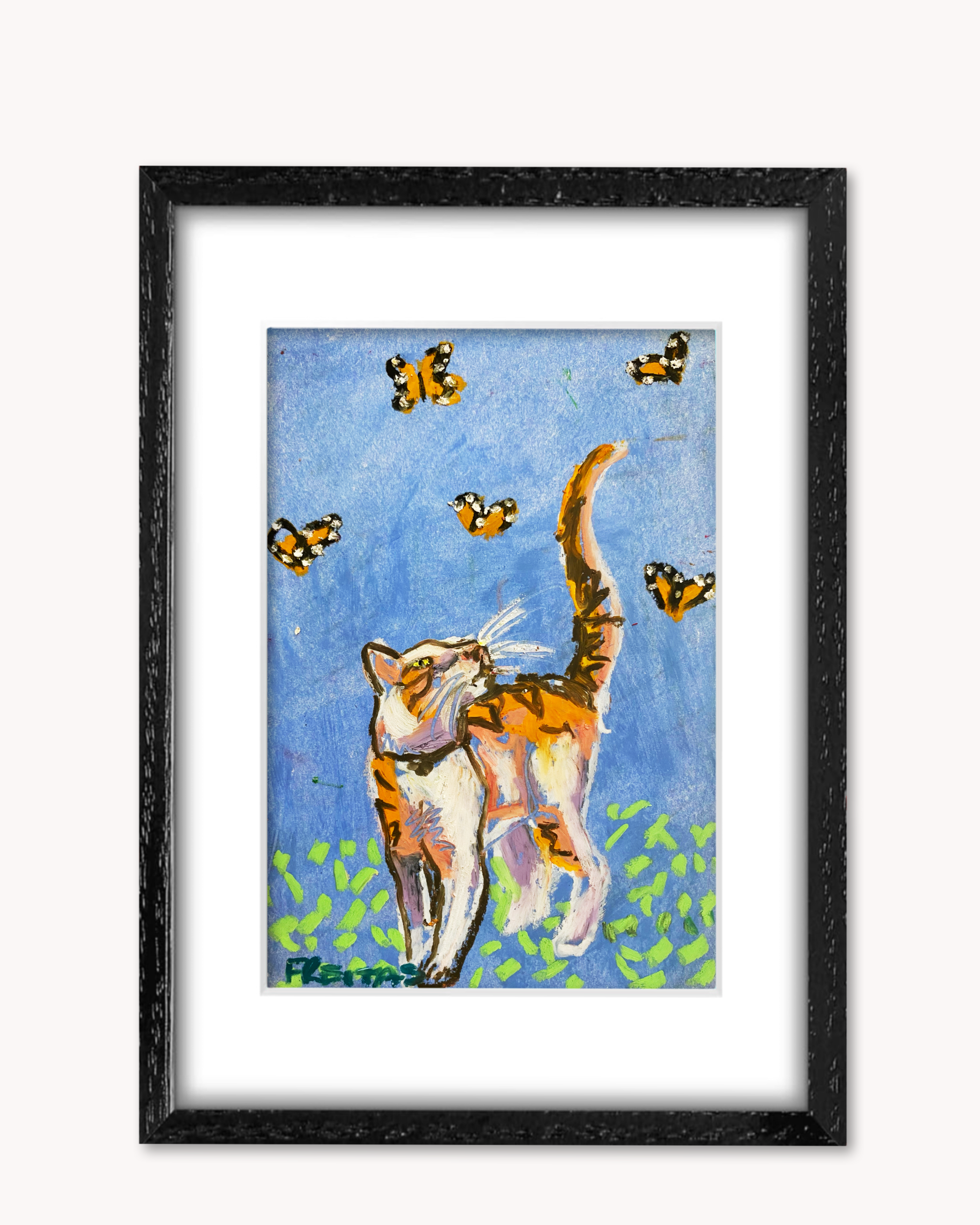 Orange Tabby & Monarchs ( Framed Original Oil Pastel Art )