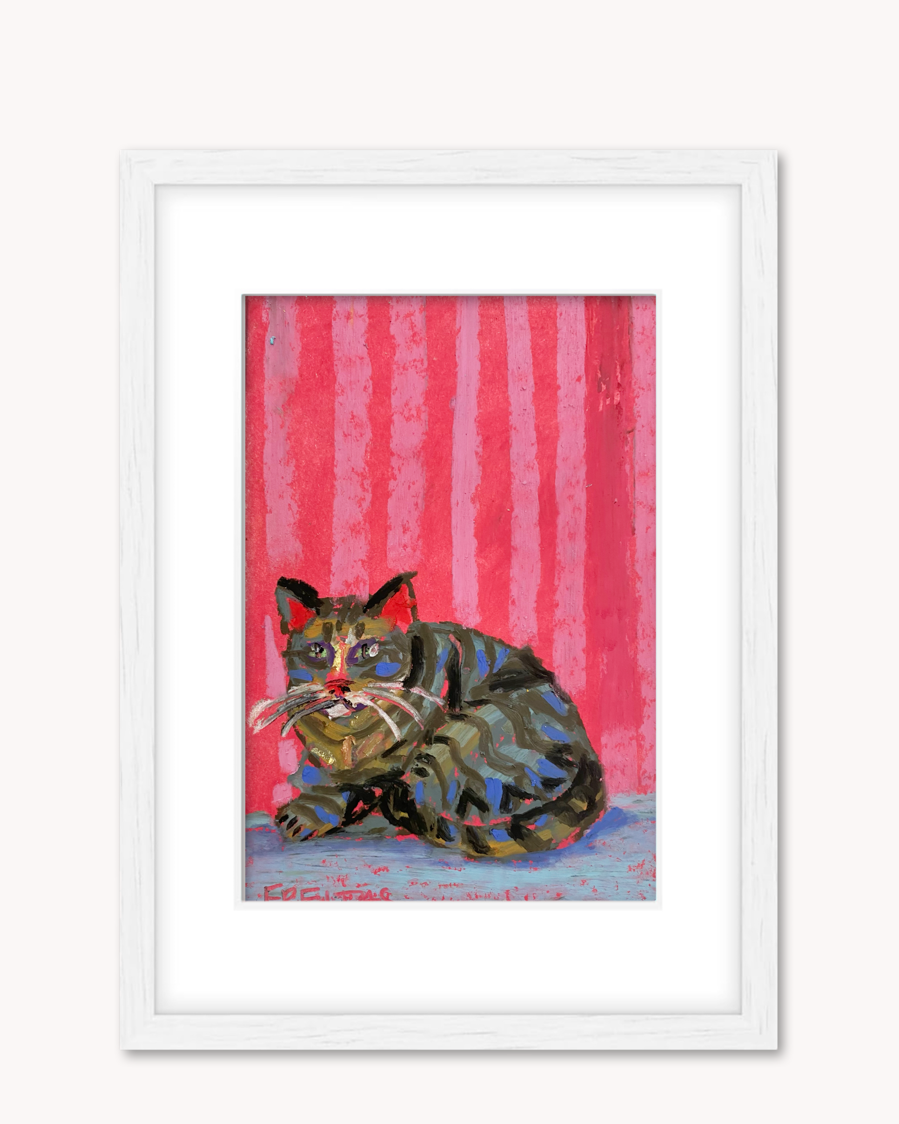 Red Stripe Tabby Cat ( Framed Original Oil Pastel Art )