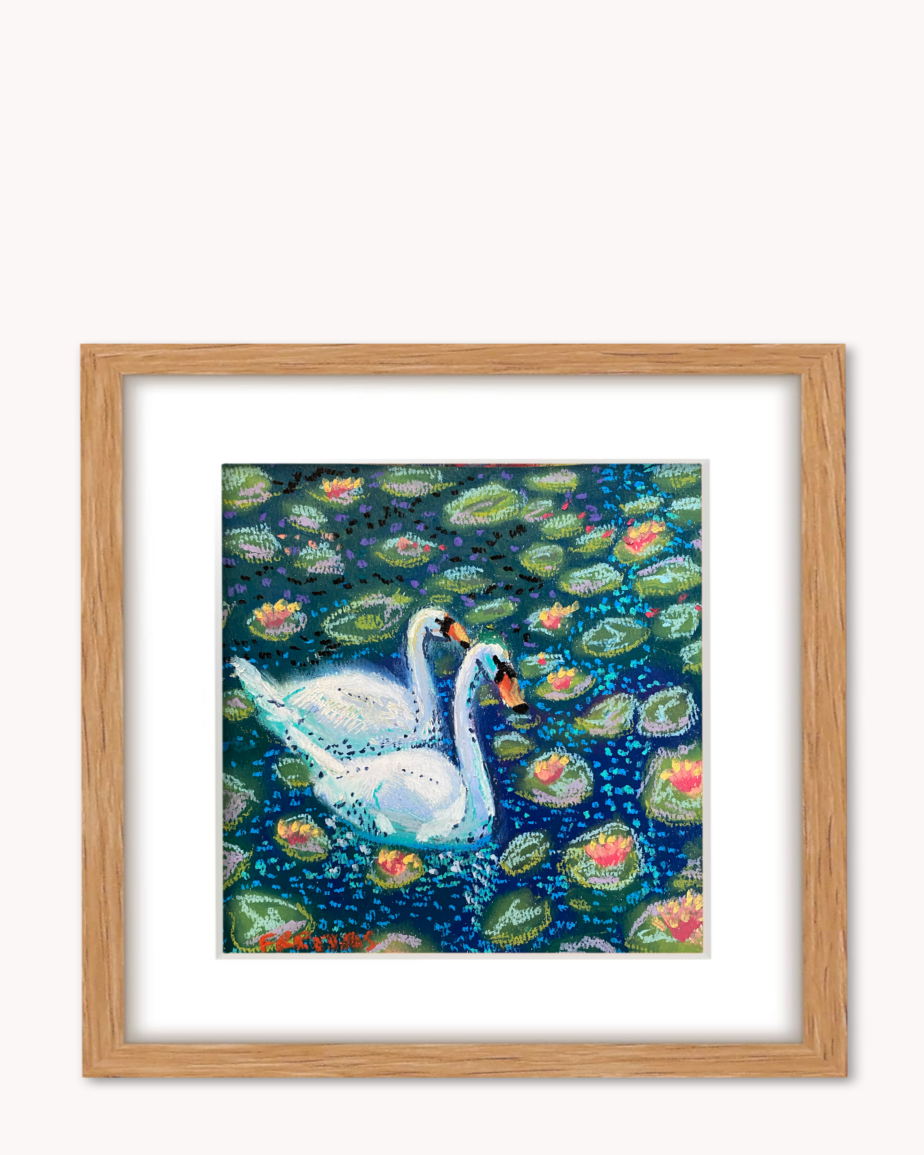 Two Swans ( Framed Original Oil Pastel Art )