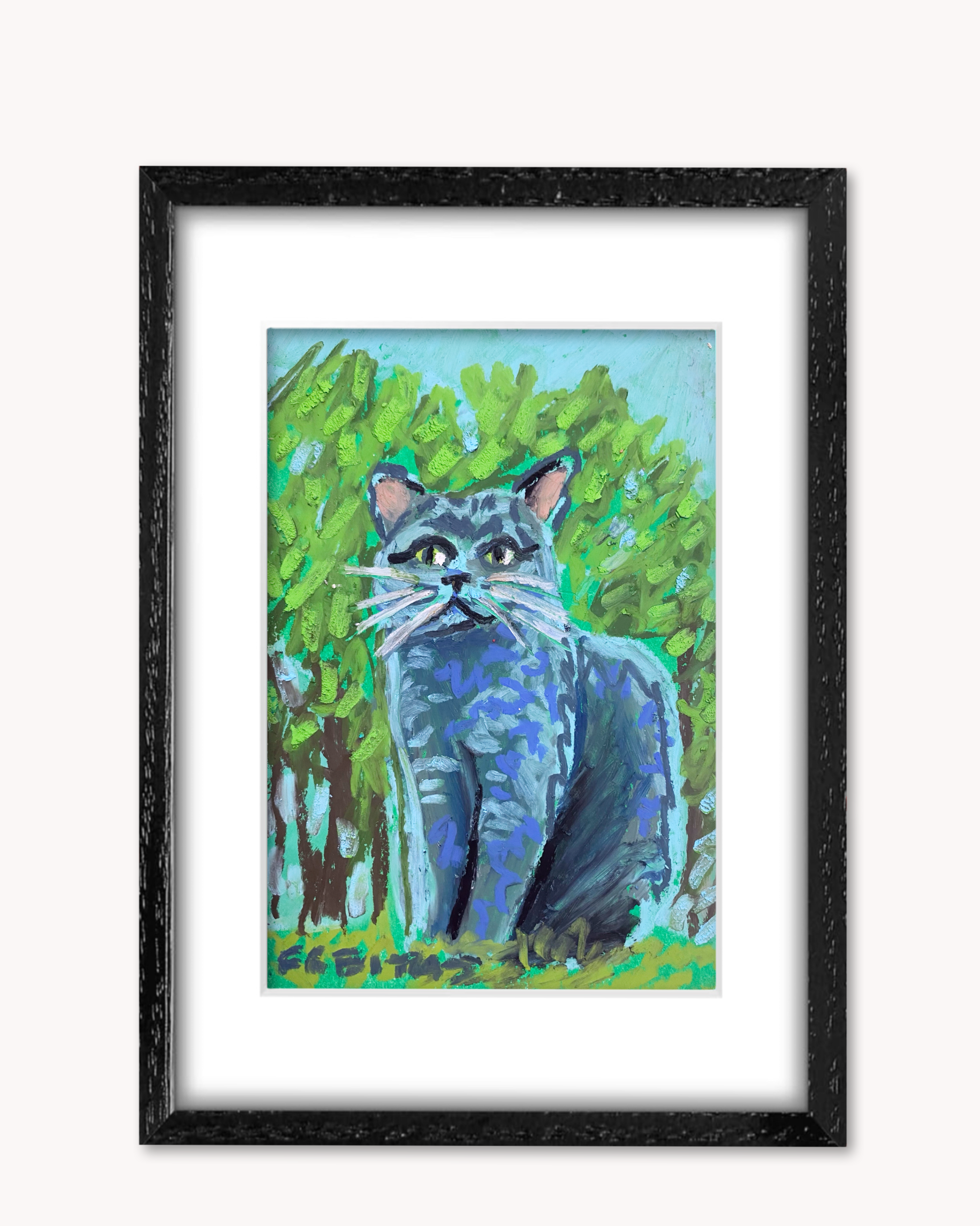 Russian Blue Cat ( Framed Original Oil Pastel Art )