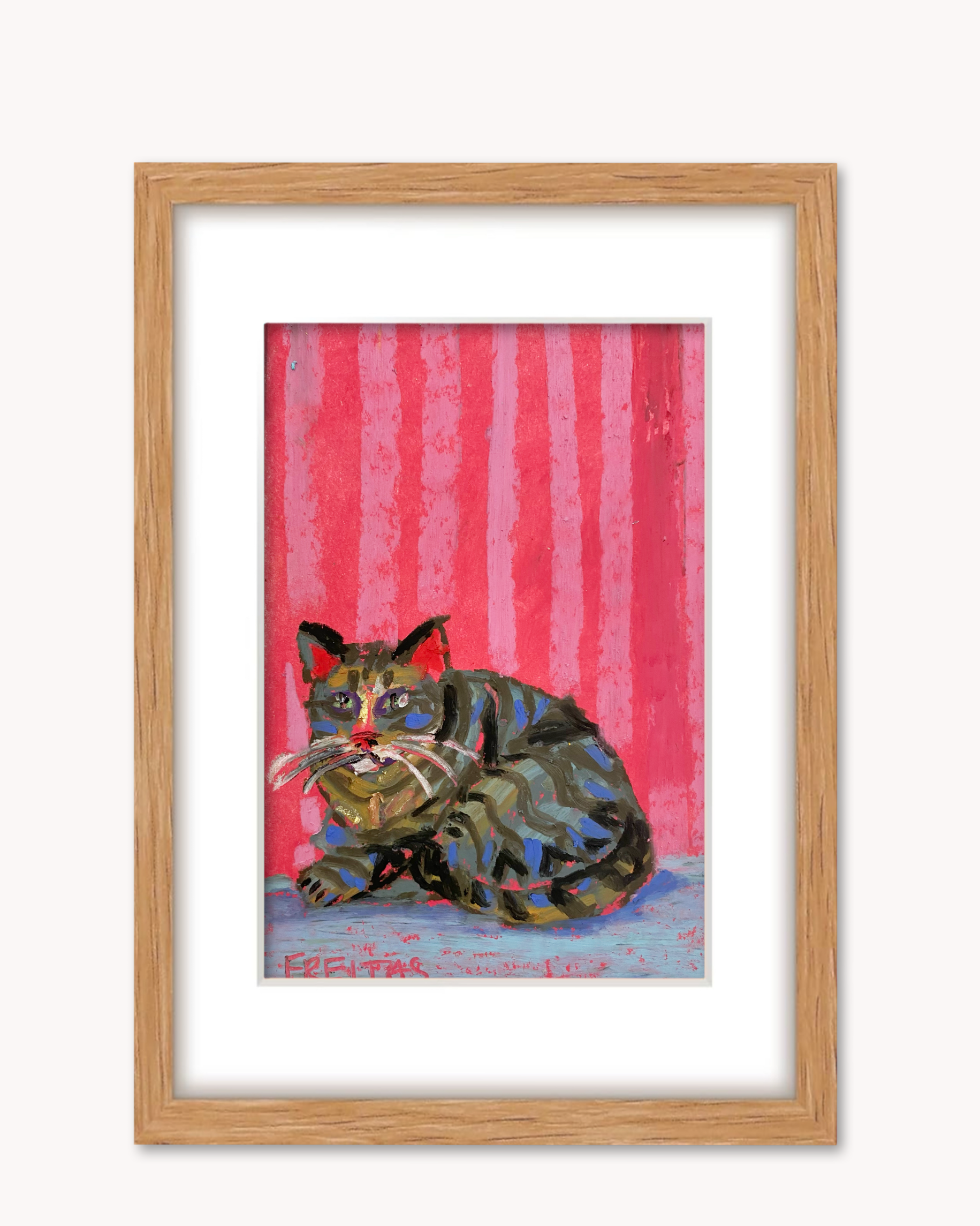 Red Stripe Tabby Cat ( Framed Original Oil Pastel Art )