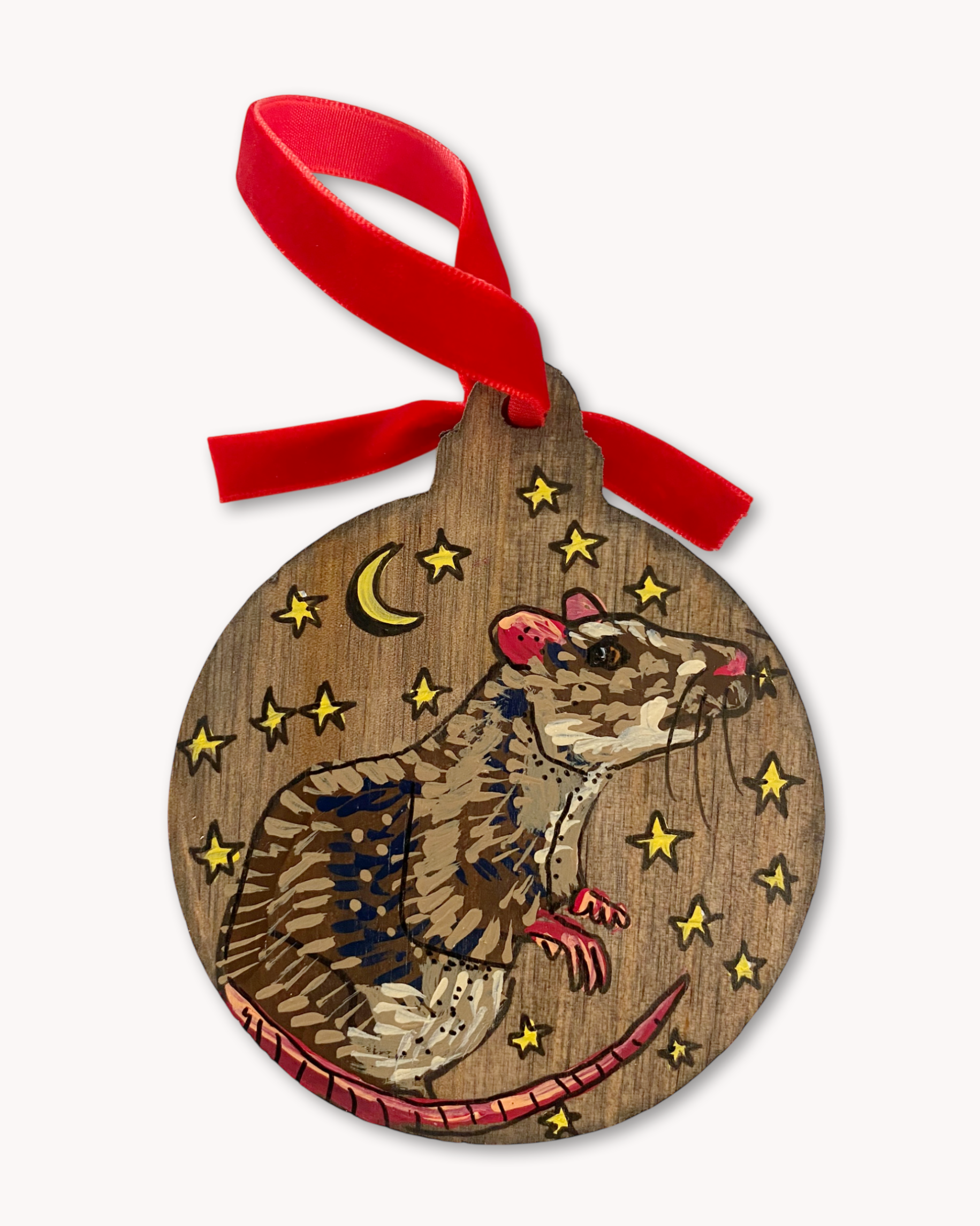 Brown Rat & Stars Hand Painted Ornament