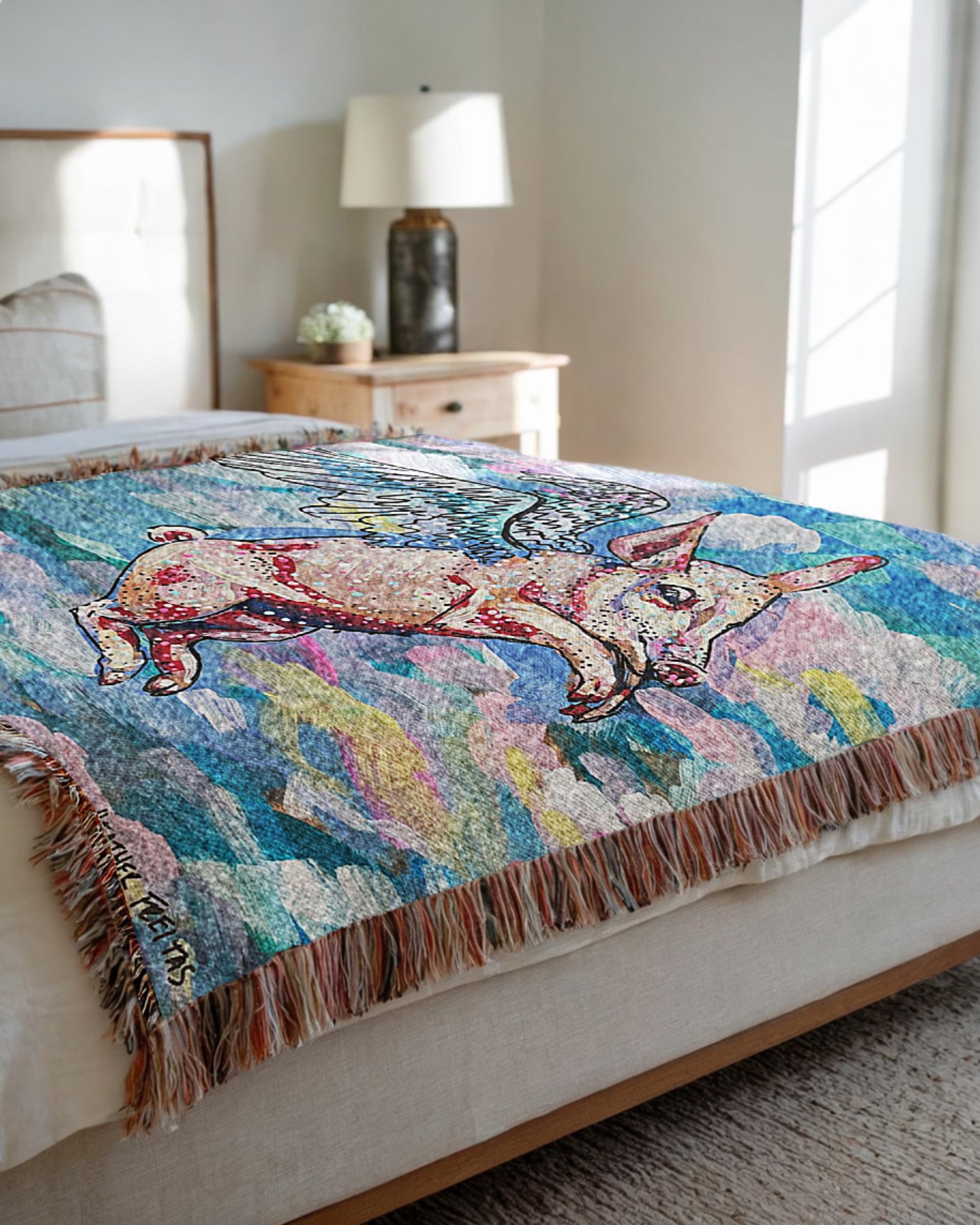 Pastel Flying Pig Woven Blanket Tapestry