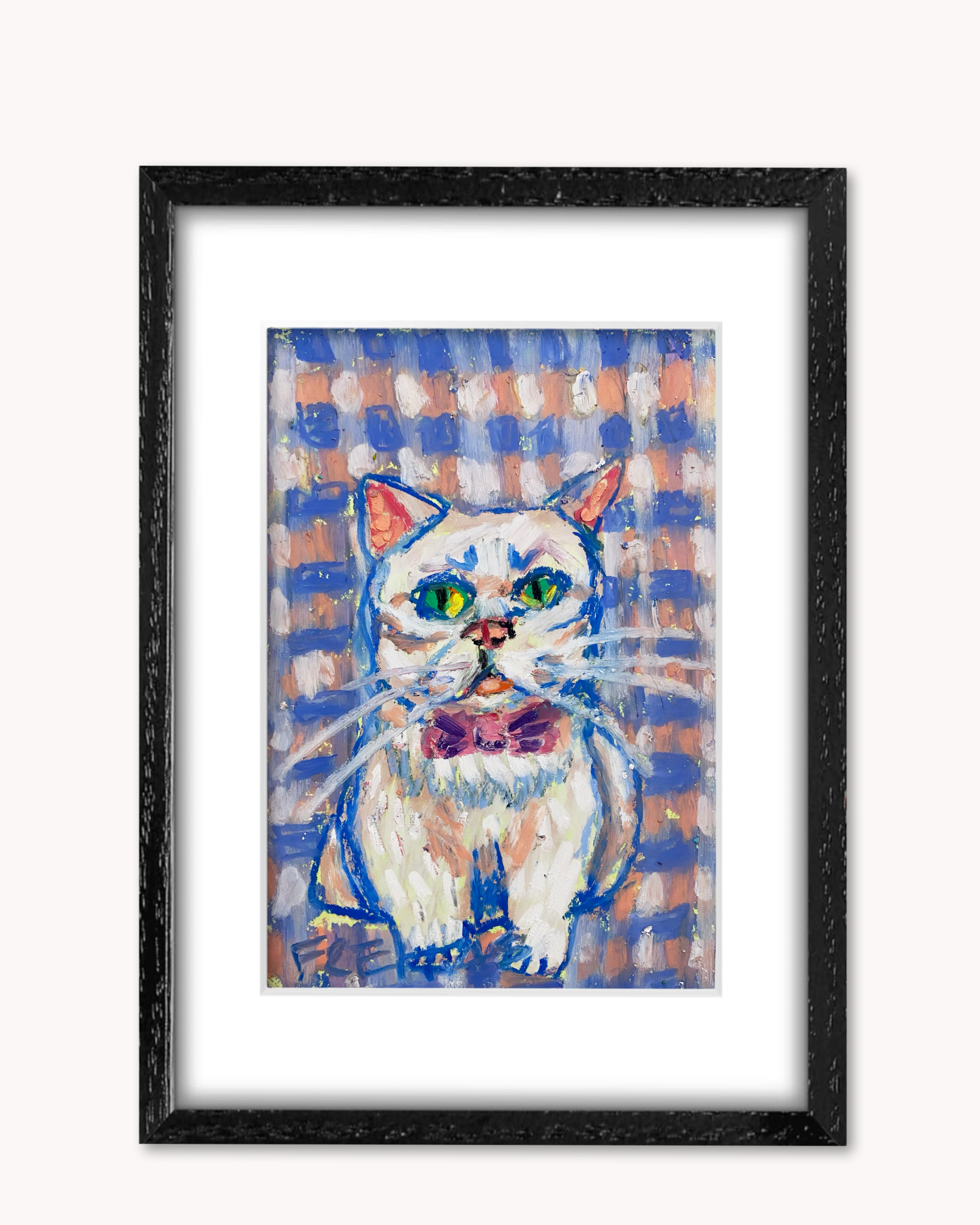 Chubby Plaid Cat ( Framed Original Oil Pastel Art )