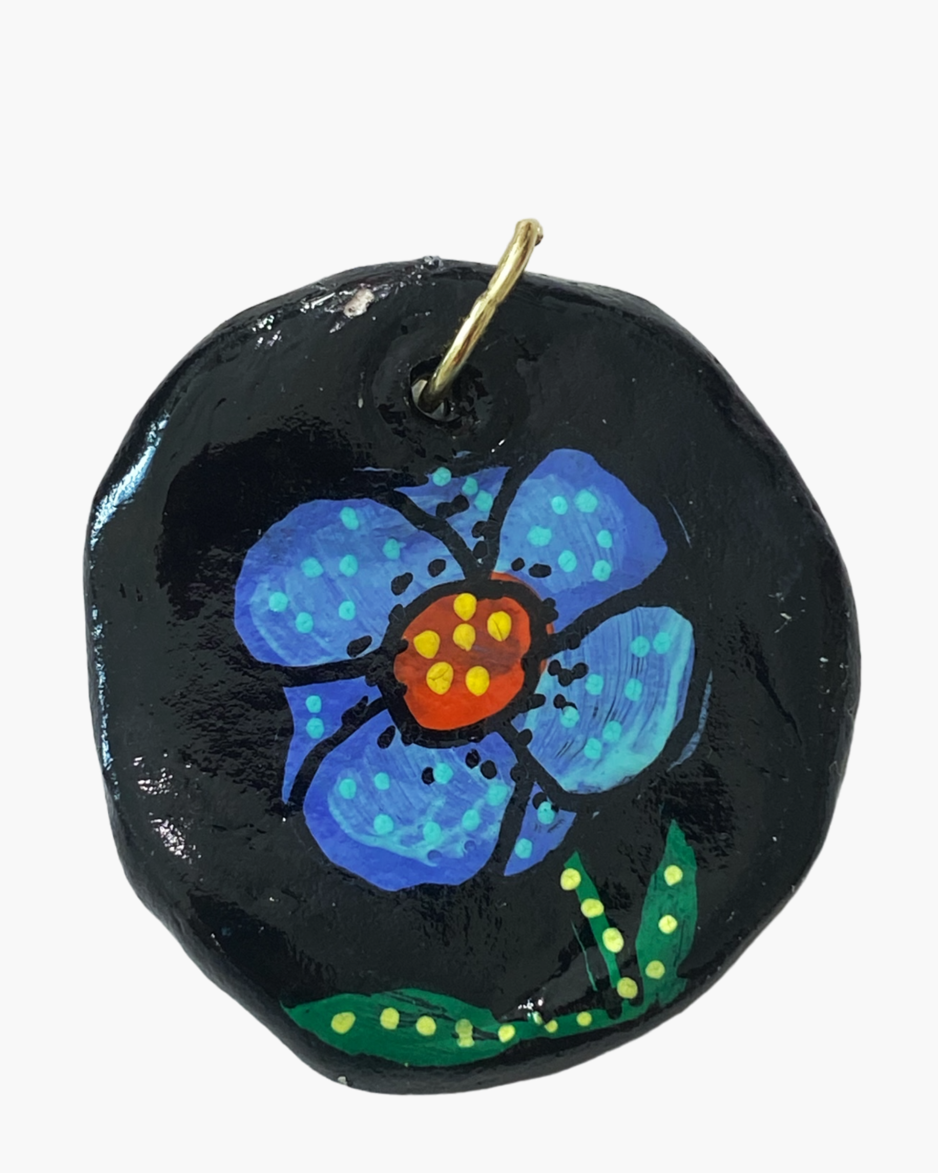 Black With Blue Flower Hand Painted Pendant