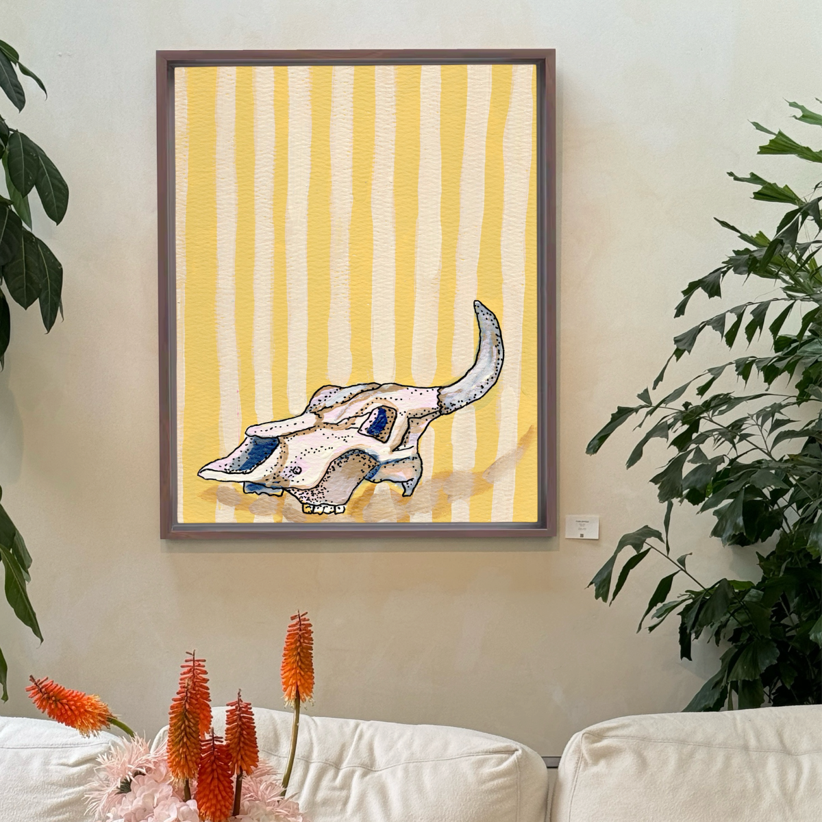 Yellow Stripe Cow Skull Framed Fine Art Canvas Print