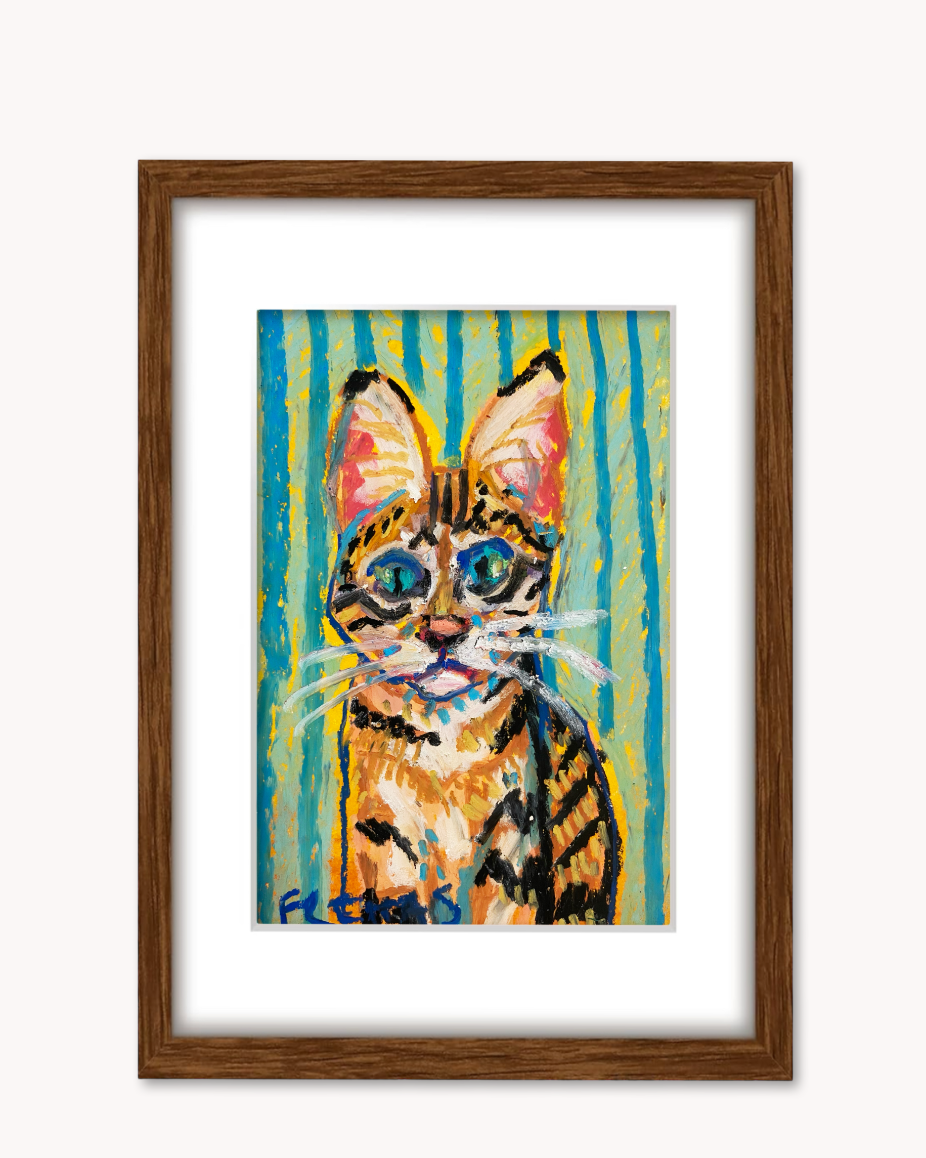 Savannah Cat ( Framed Original Oil Pastel Art )