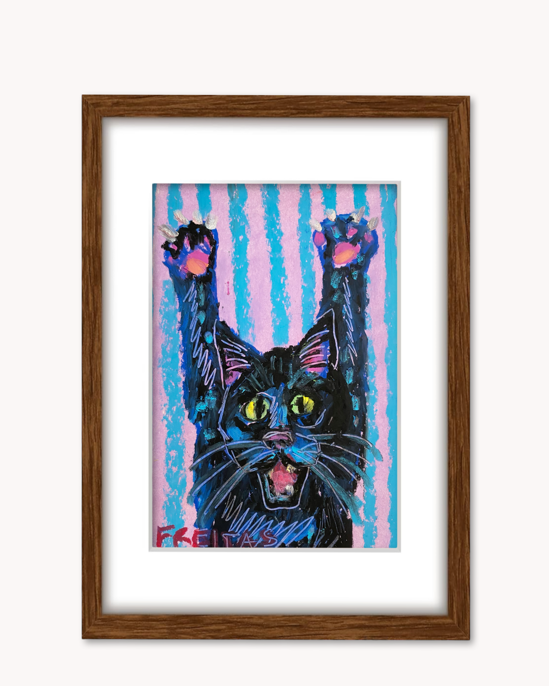 Black Cat Scratch ( Framed Original Oil Pastel Art )