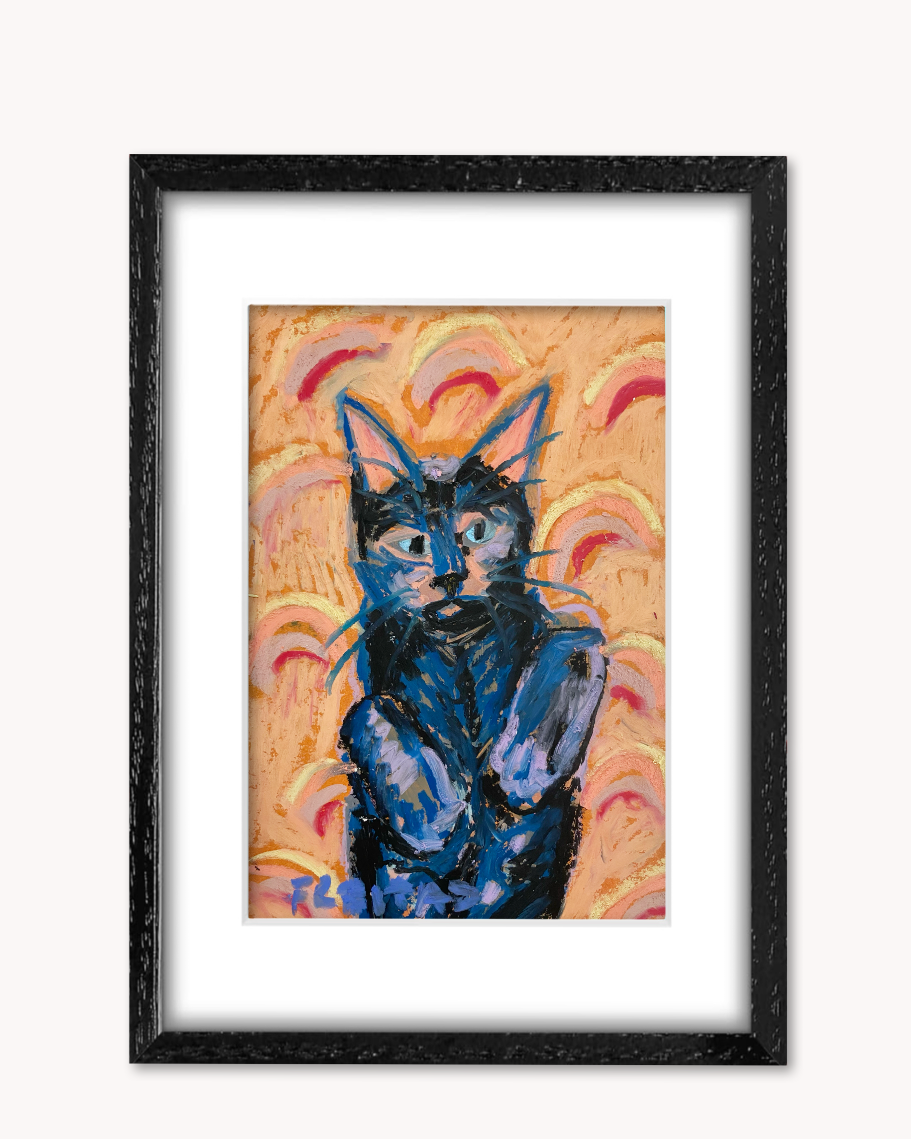 Rainbow Werewolf Cat ( Framed Original Oil Pastel Art )