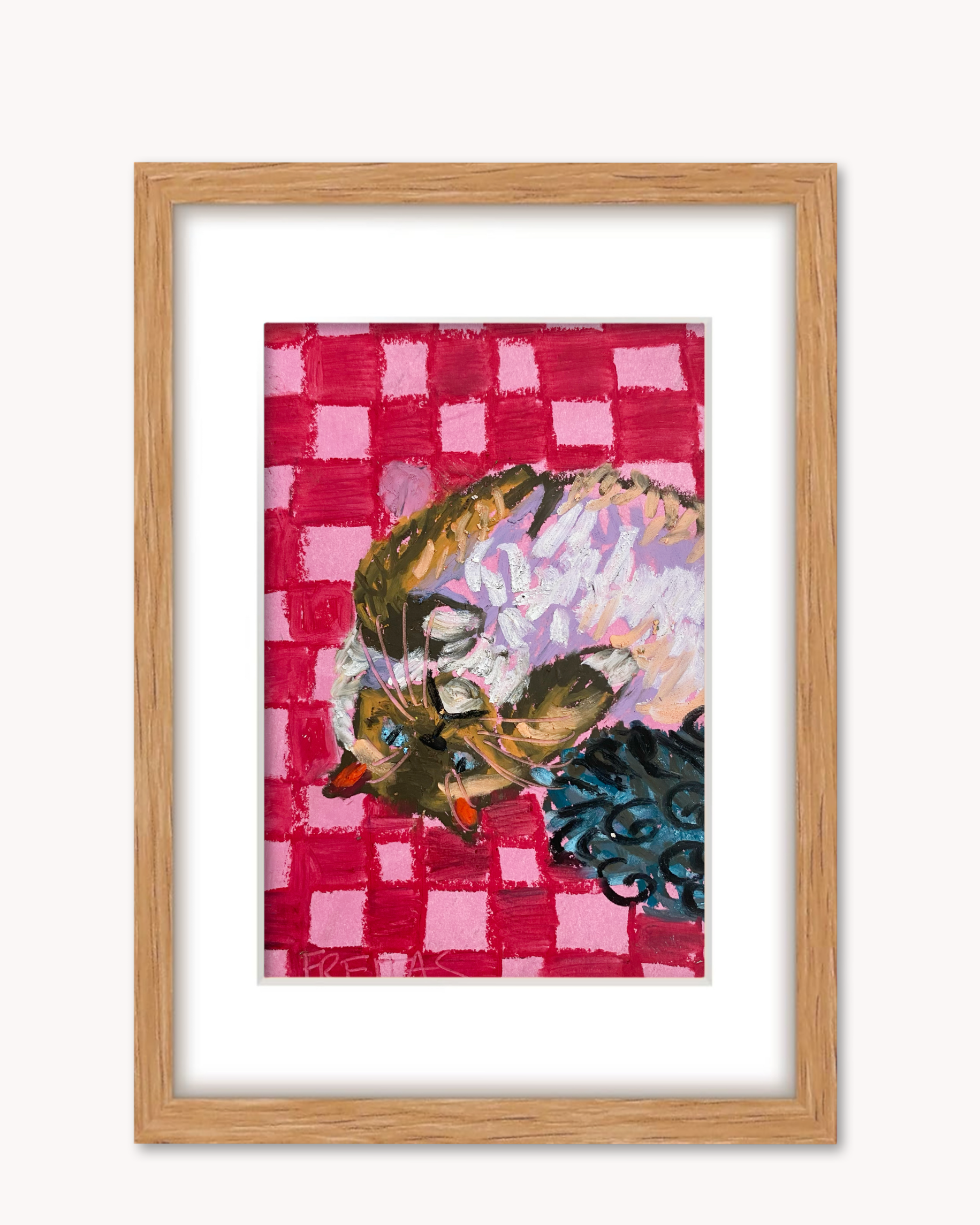 Check Cat ( Framed Original Oil Pastel Art )