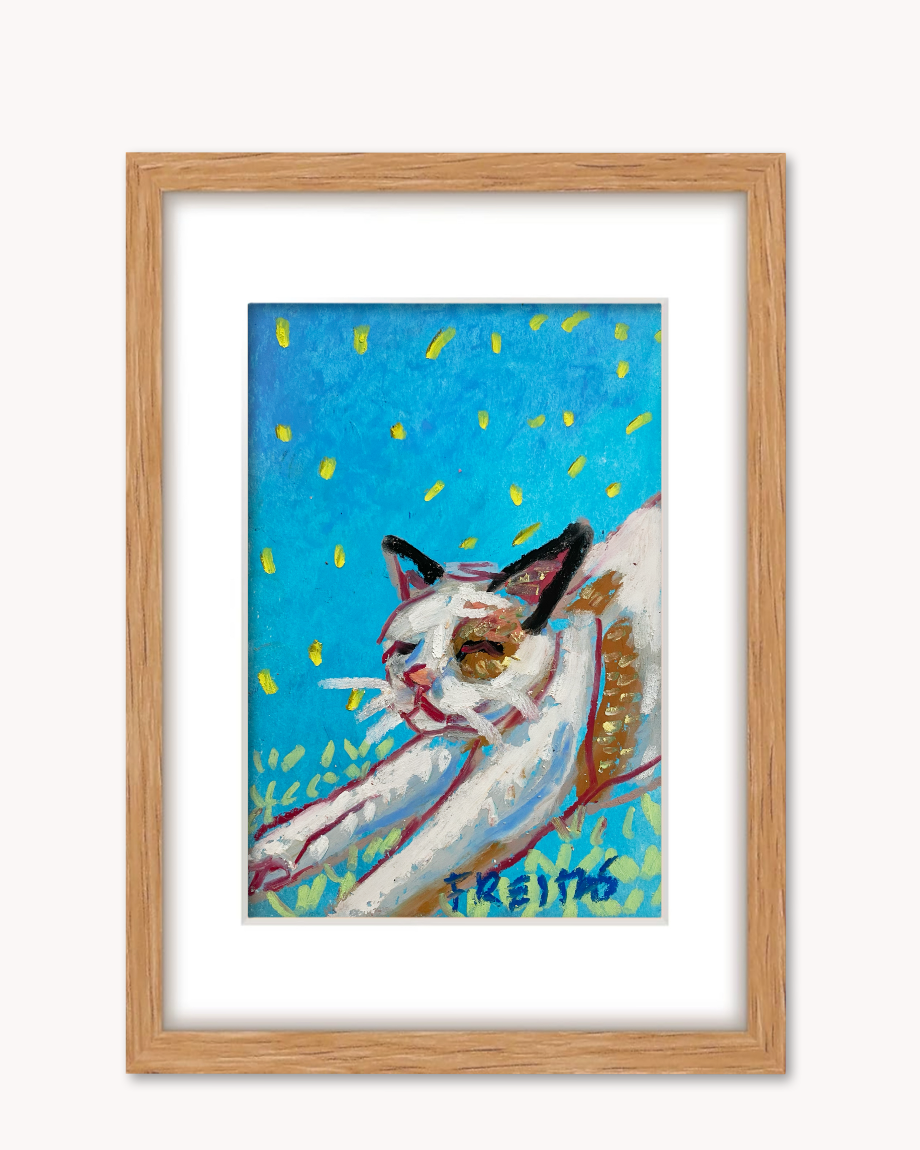 Stretching Cat ( Framed Original Oil Pastel Art )