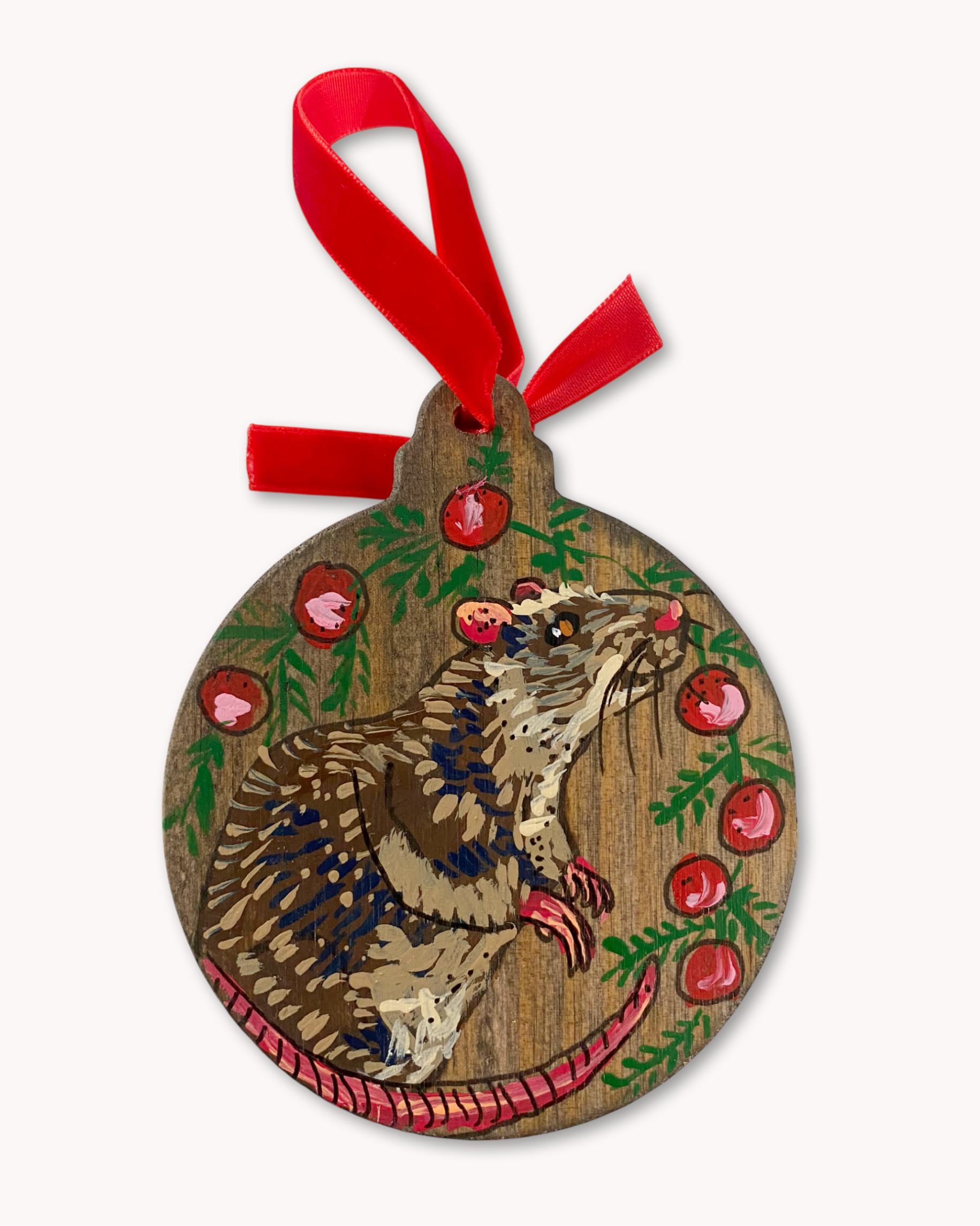 Brown Rat & Wreath Hand Painted Ornament