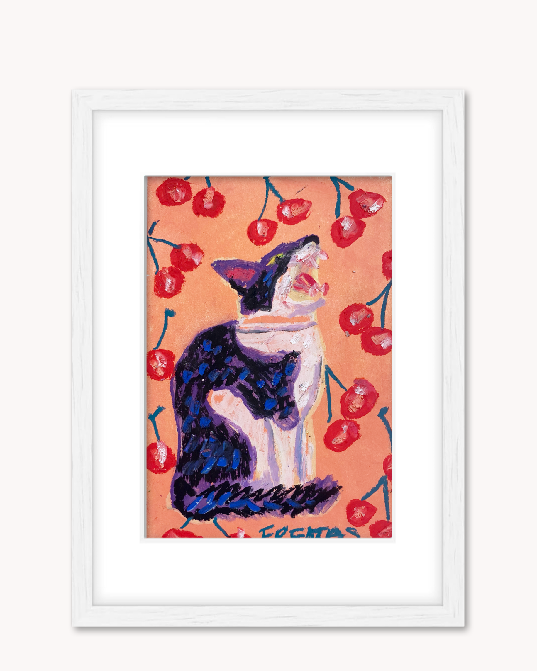 Cherry Bomb Cat ( Framed Original Oil Pastel Art )