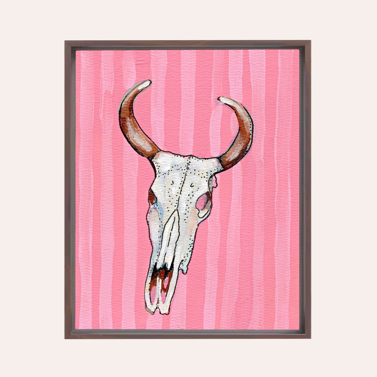 Pink Stripe Cow Skull Framed Fine Art Canvas Print