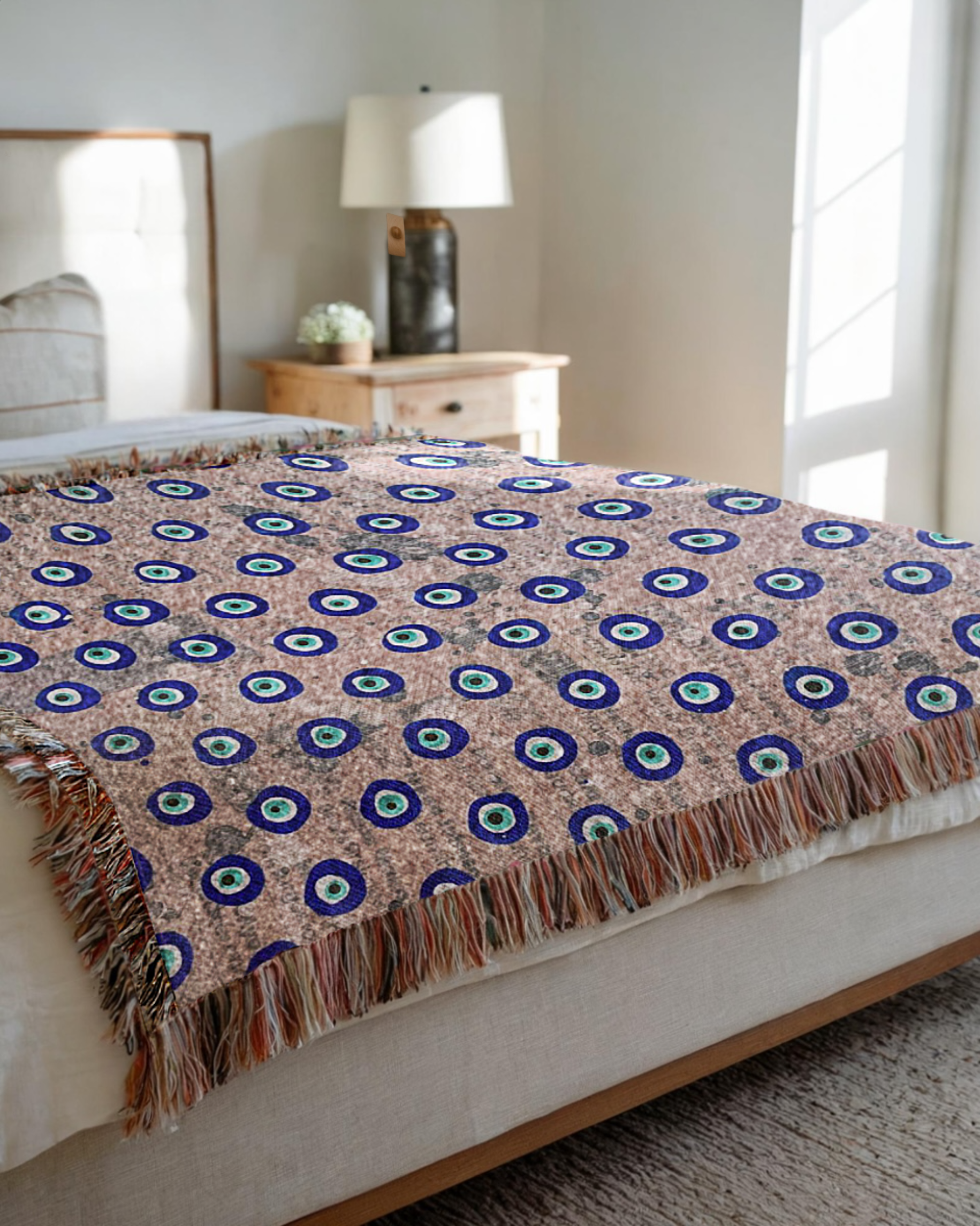 Dusty Pink Evil Eye Woven Blanket