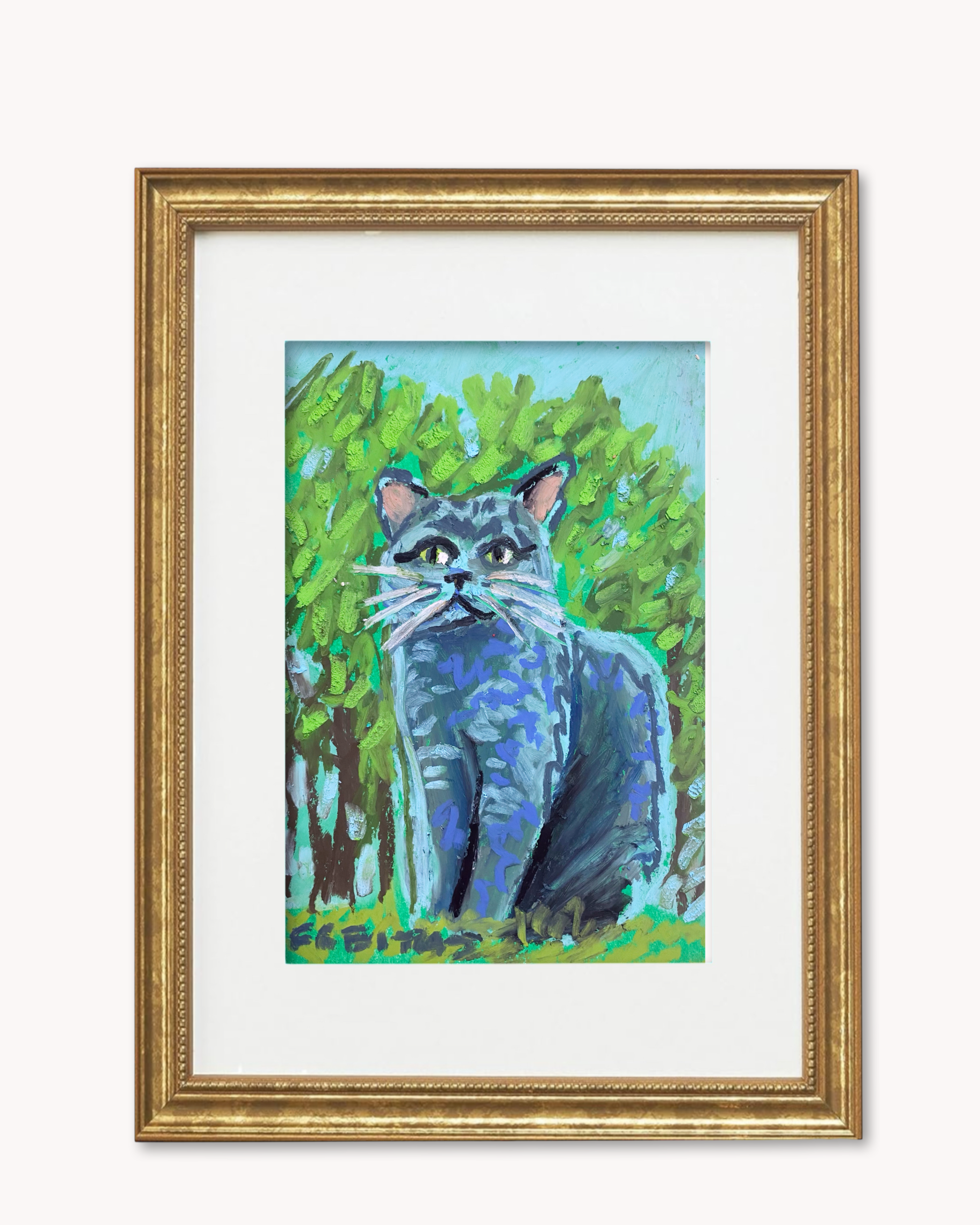 Russian Blue Cat ( Framed Original Oil Pastel Art )