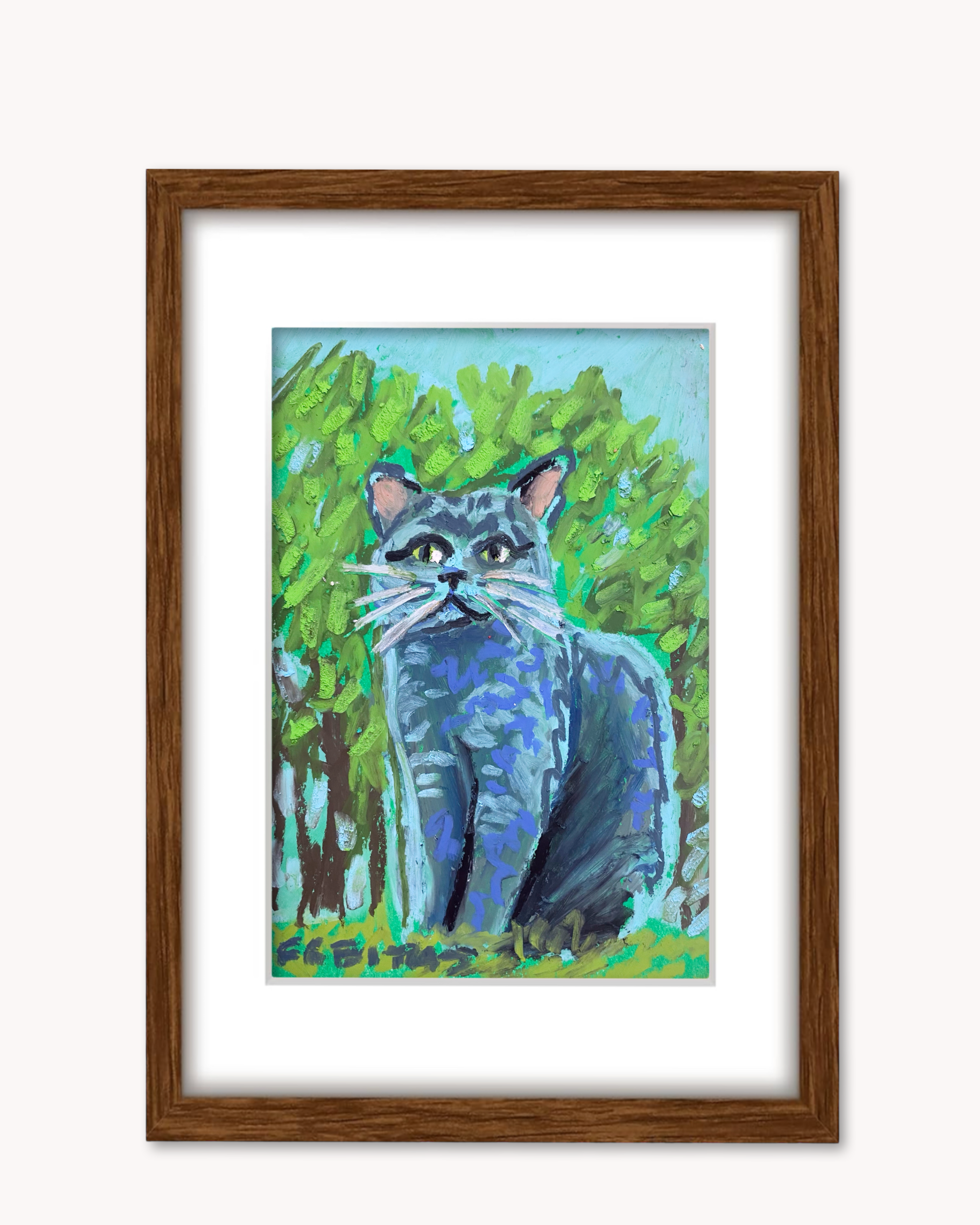 Russian Blue Cat ( Framed Original Oil Pastel Art )