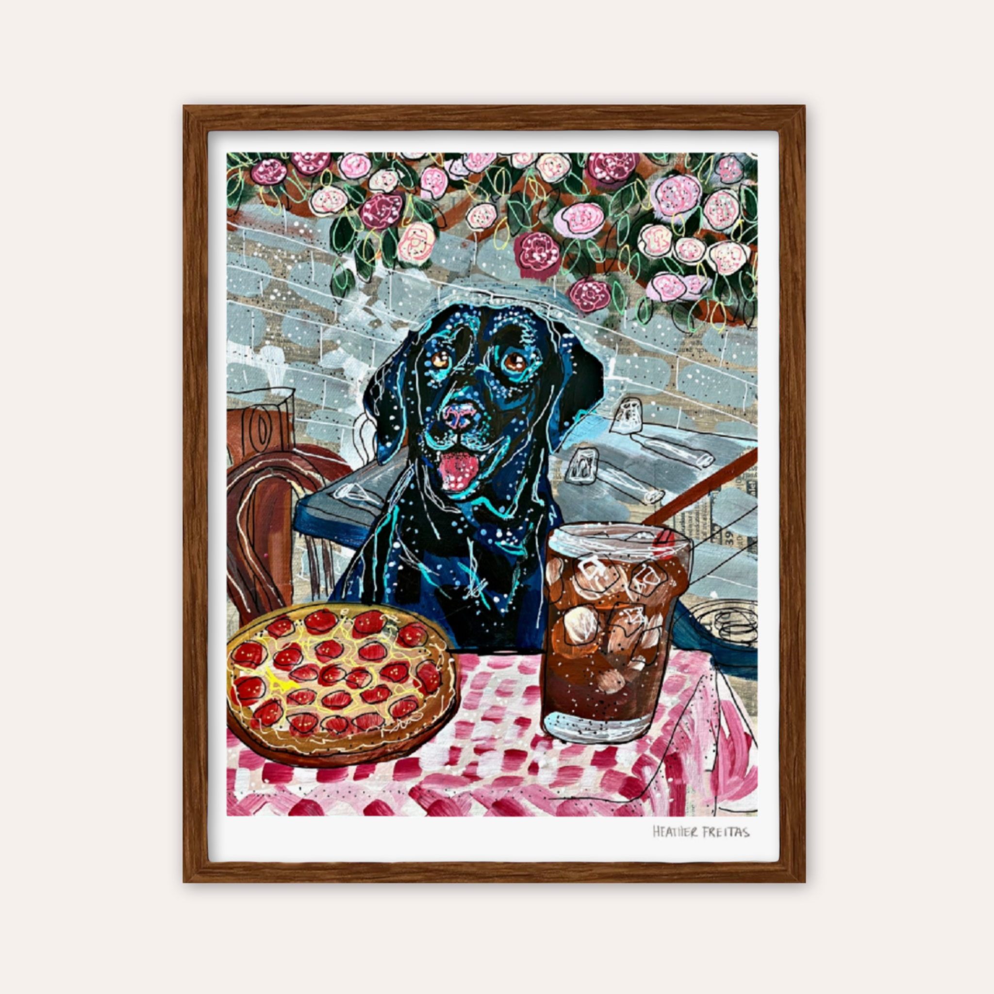 Black Lab At Pizza Resturant Fine Art Print