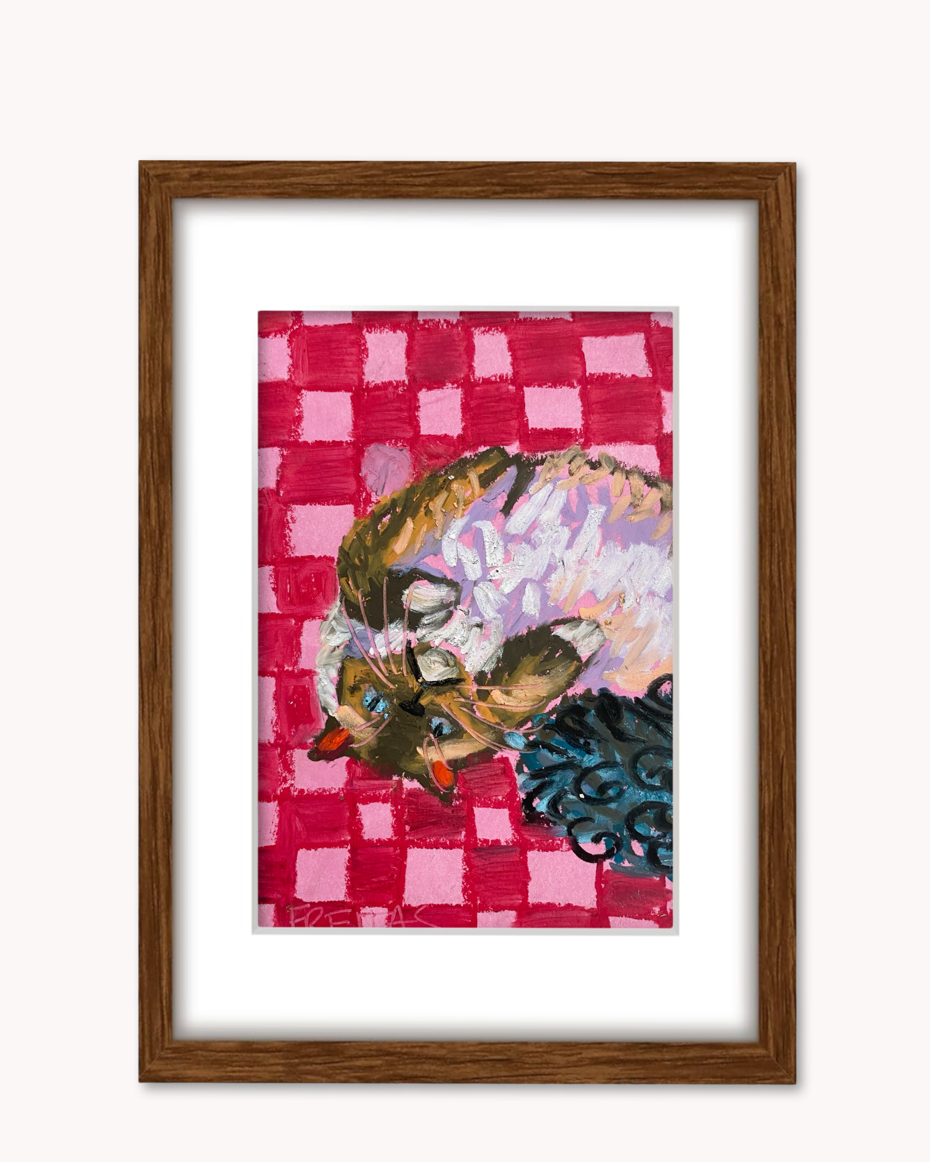 Check Cat ( Framed Original Oil Pastel Art )