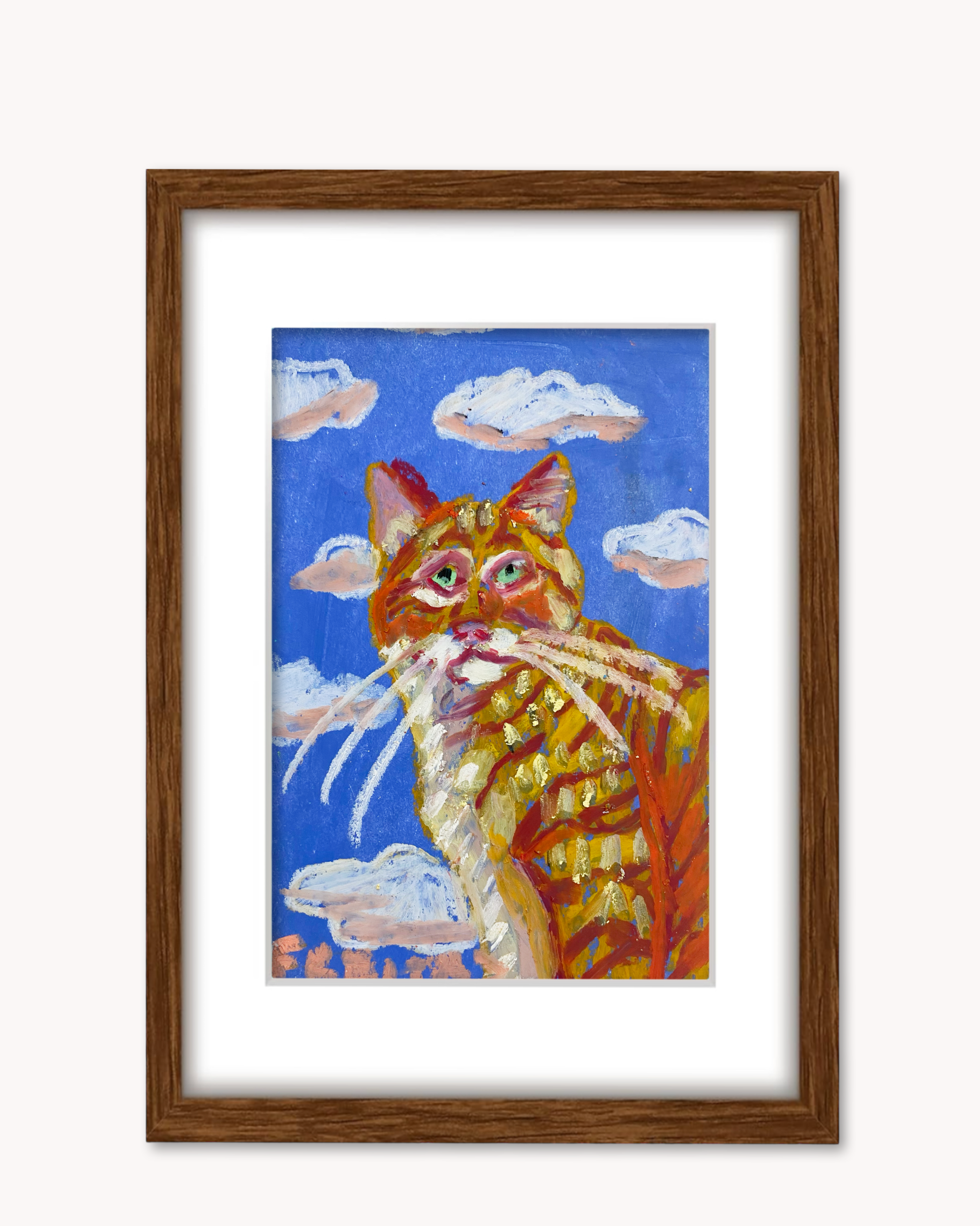 Orange Tabby In The Clouds ( Framed Original Oil Pastel Art )