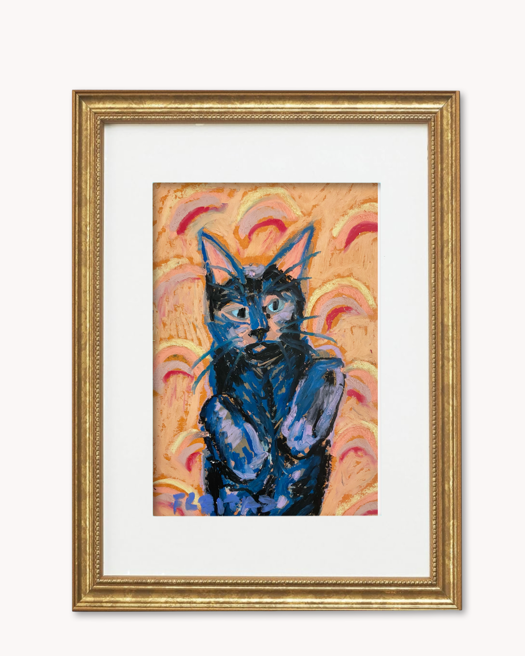 Rainbow Werewolf Cat ( Framed Original Oil Pastel Art )