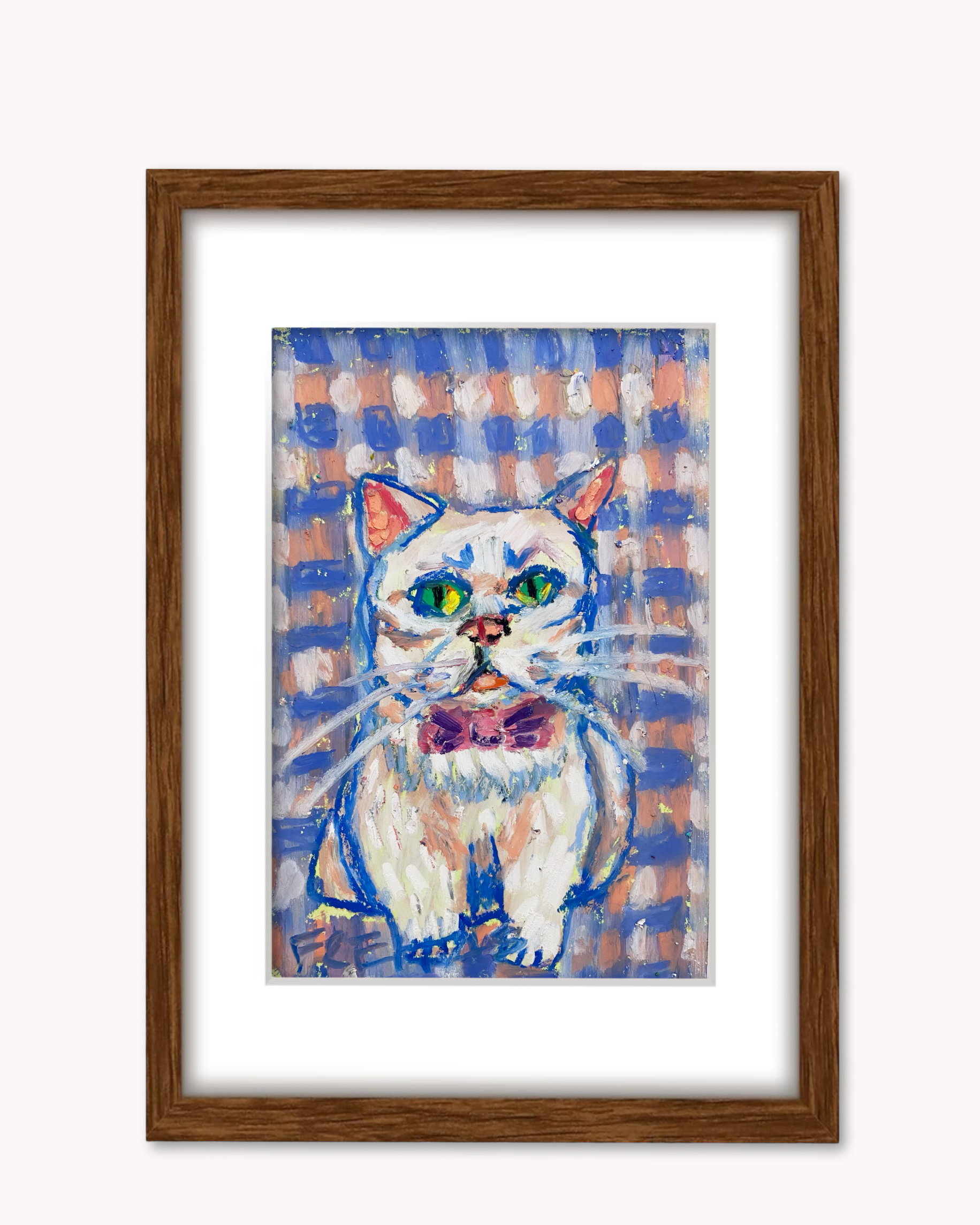 Chubby Plaid Cat ( Framed Original Oil Pastel Art )