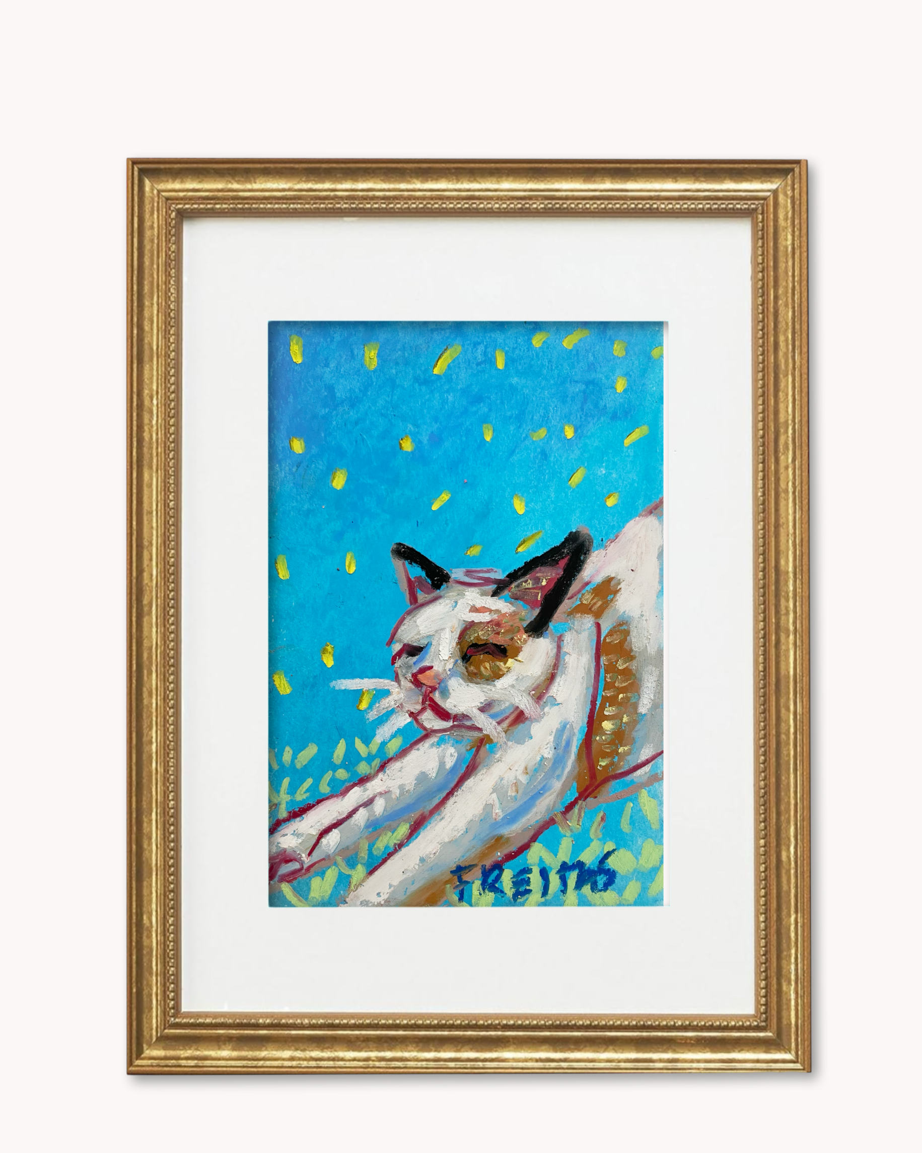 Stretching Cat ( Framed Original Oil Pastel Art )