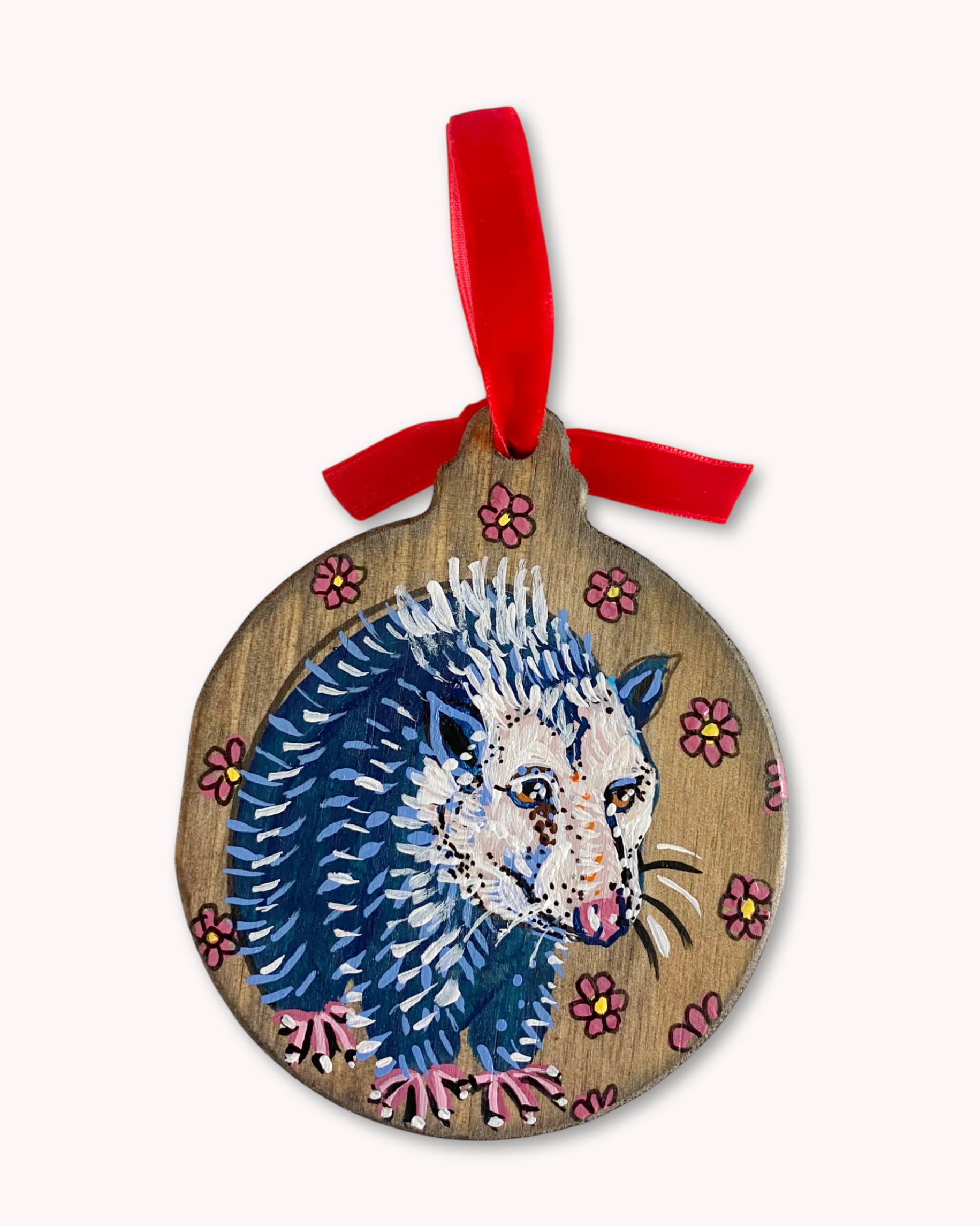 Mauve Flower Opossum Hand Painted Ornament