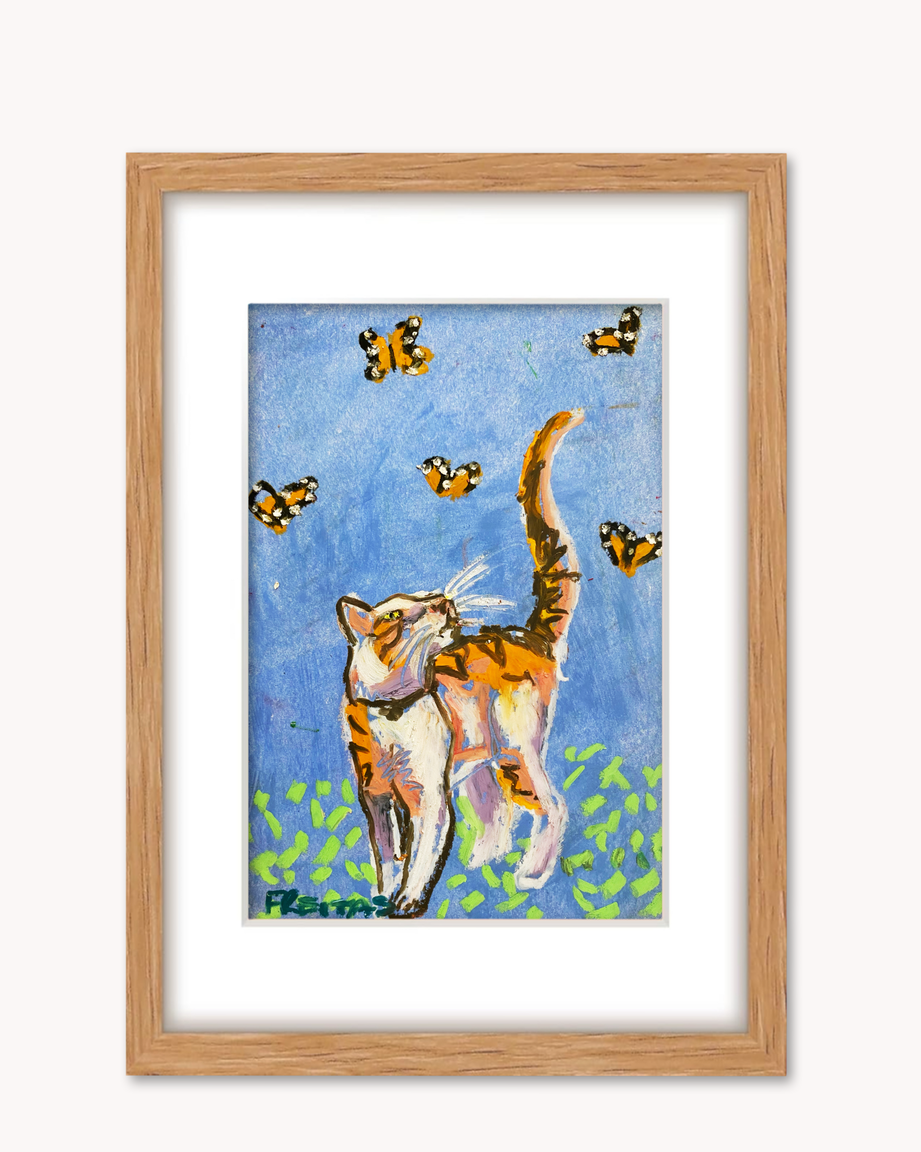 Orange Tabby & Monarchs ( Framed Original Oil Pastel Art )