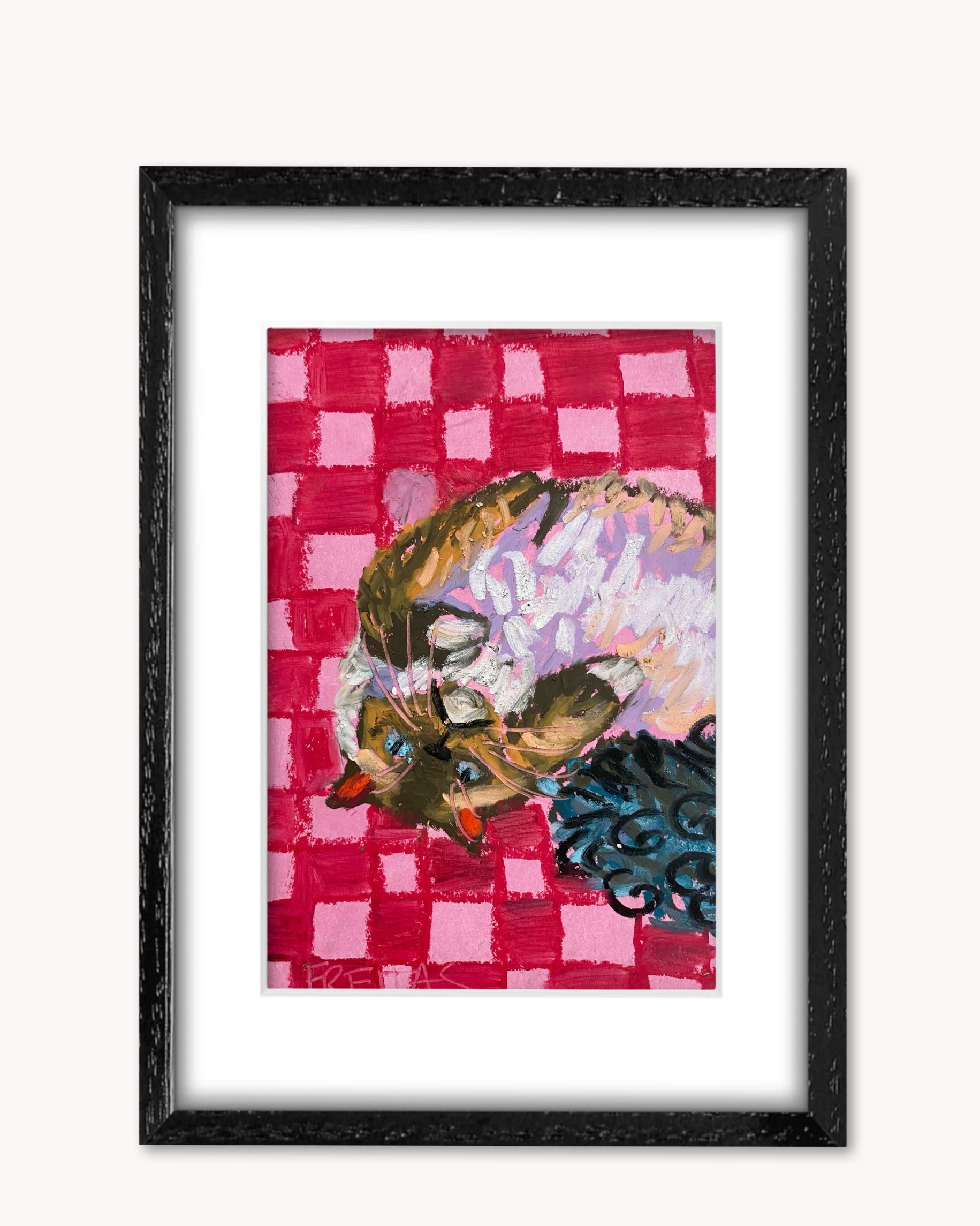 Check Cat ( Framed Original Oil Pastel Art )