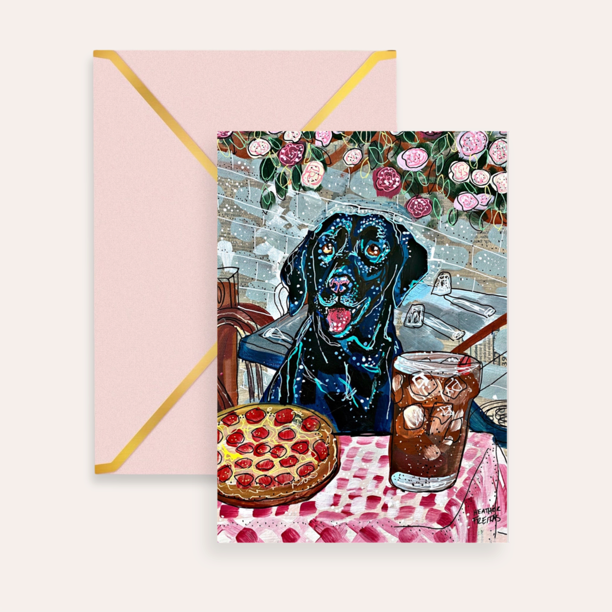 Black Labrador Dining Fine Art Greeting Card