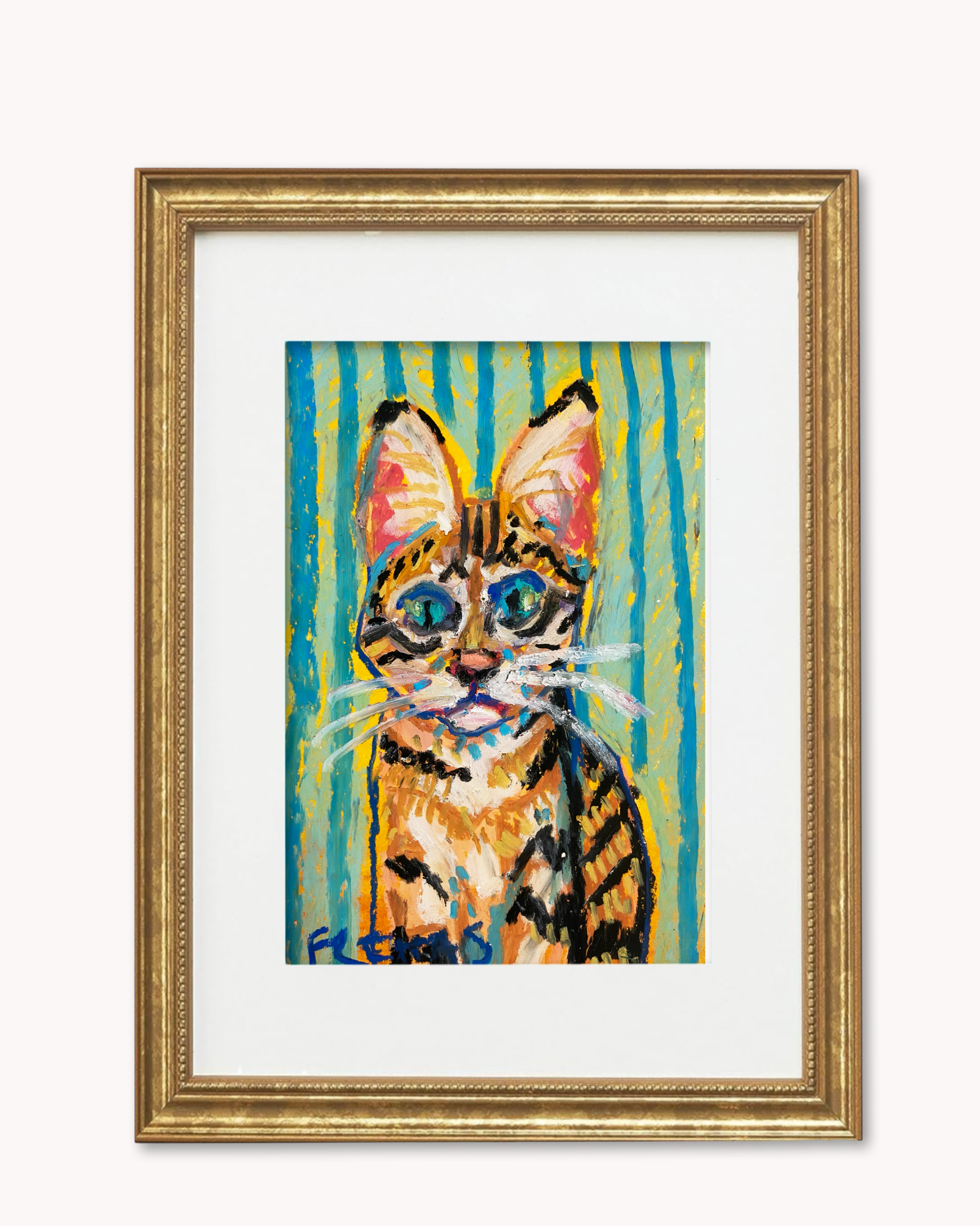 Savannah Cat ( Framed Original Oil Pastel Art )