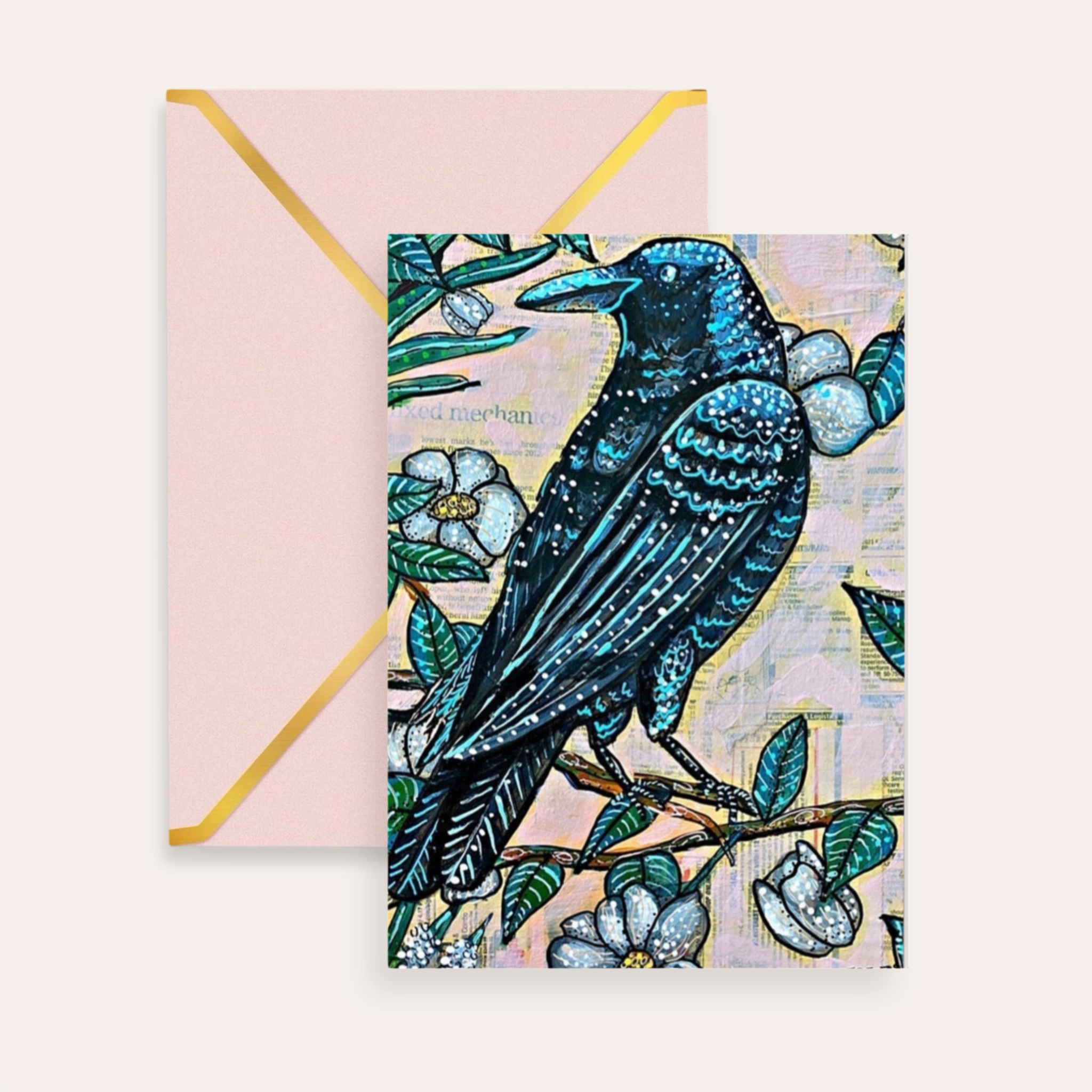 Vintage Floral Raven Fine Art Greeting Card