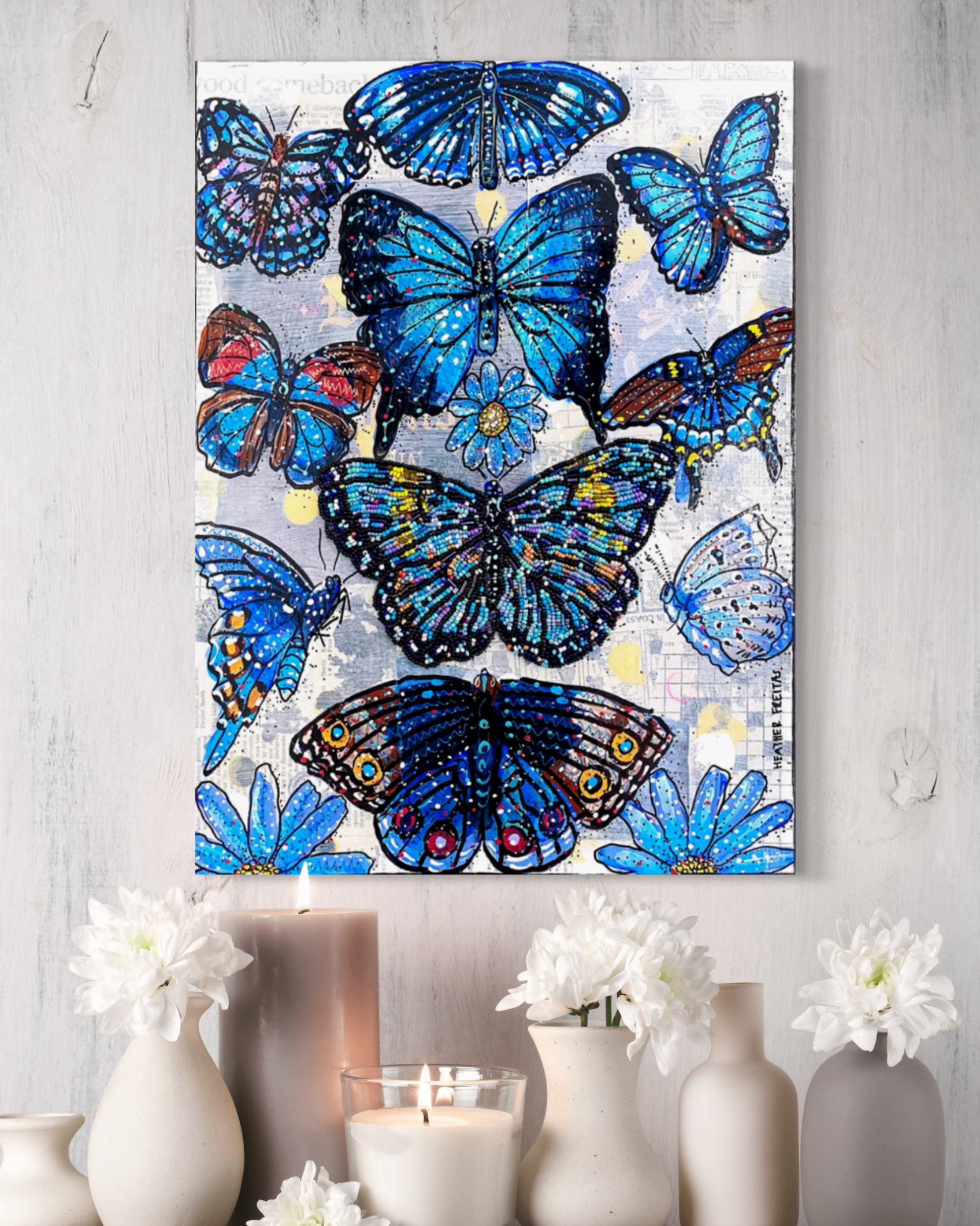 Specimen Blue ( Original Painting With Beaded Butterfly Accent )