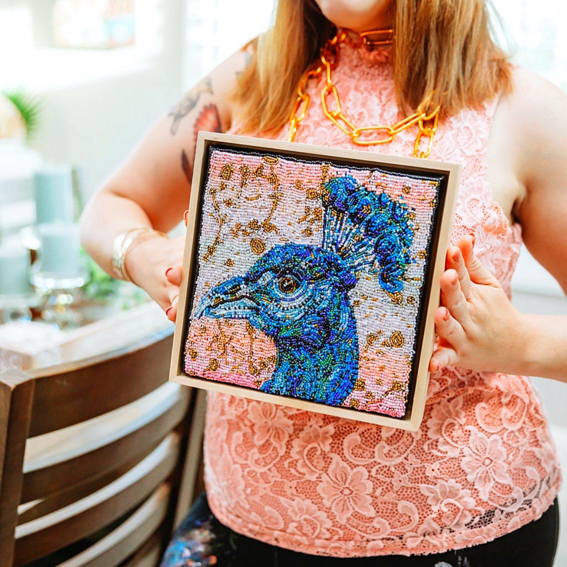 Golden Hour Peacock ( Fully Beaded Artwork ) - Heather Freitas - fine art home deccor