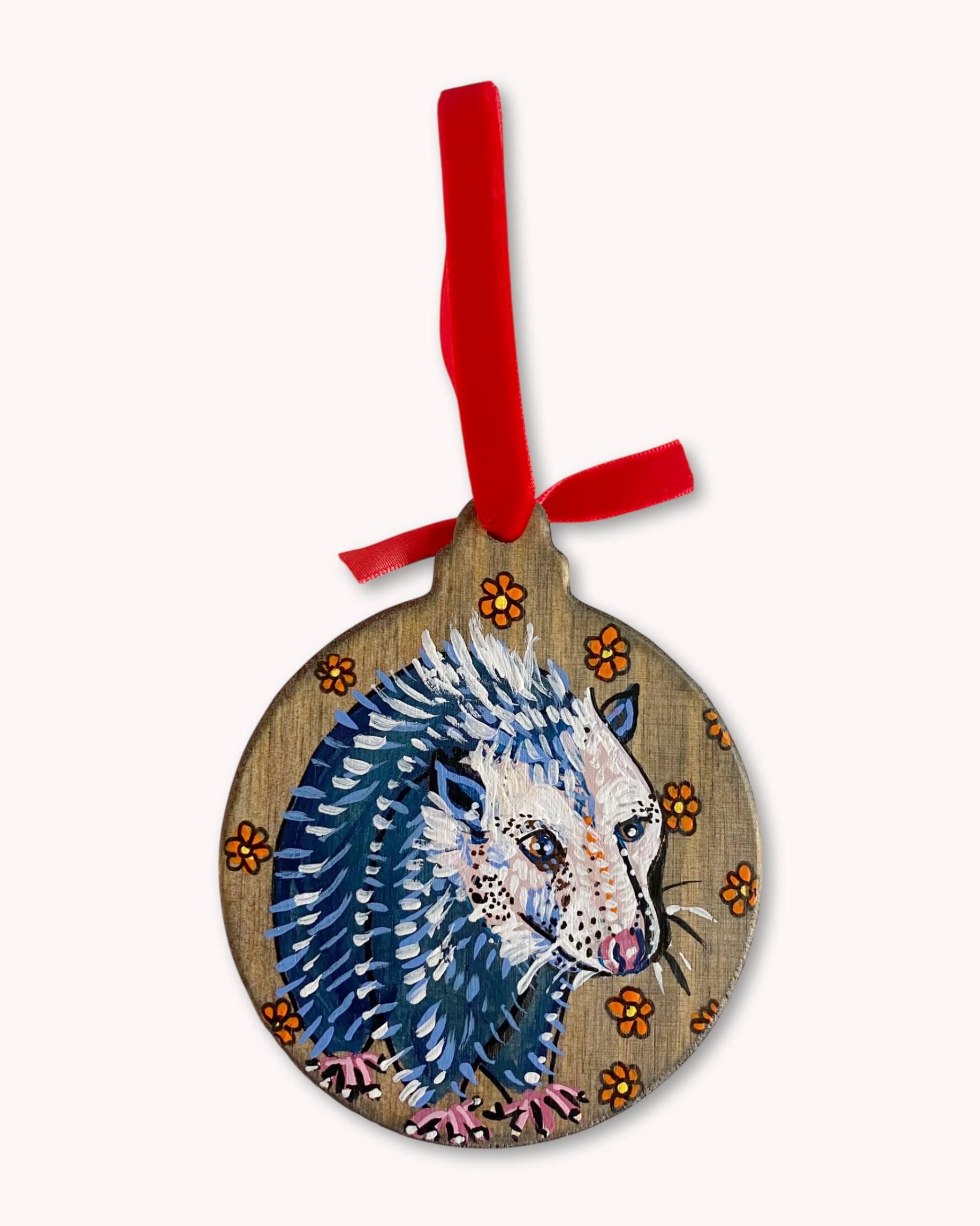 Orange Flower Opossum Hand Painted Ornament