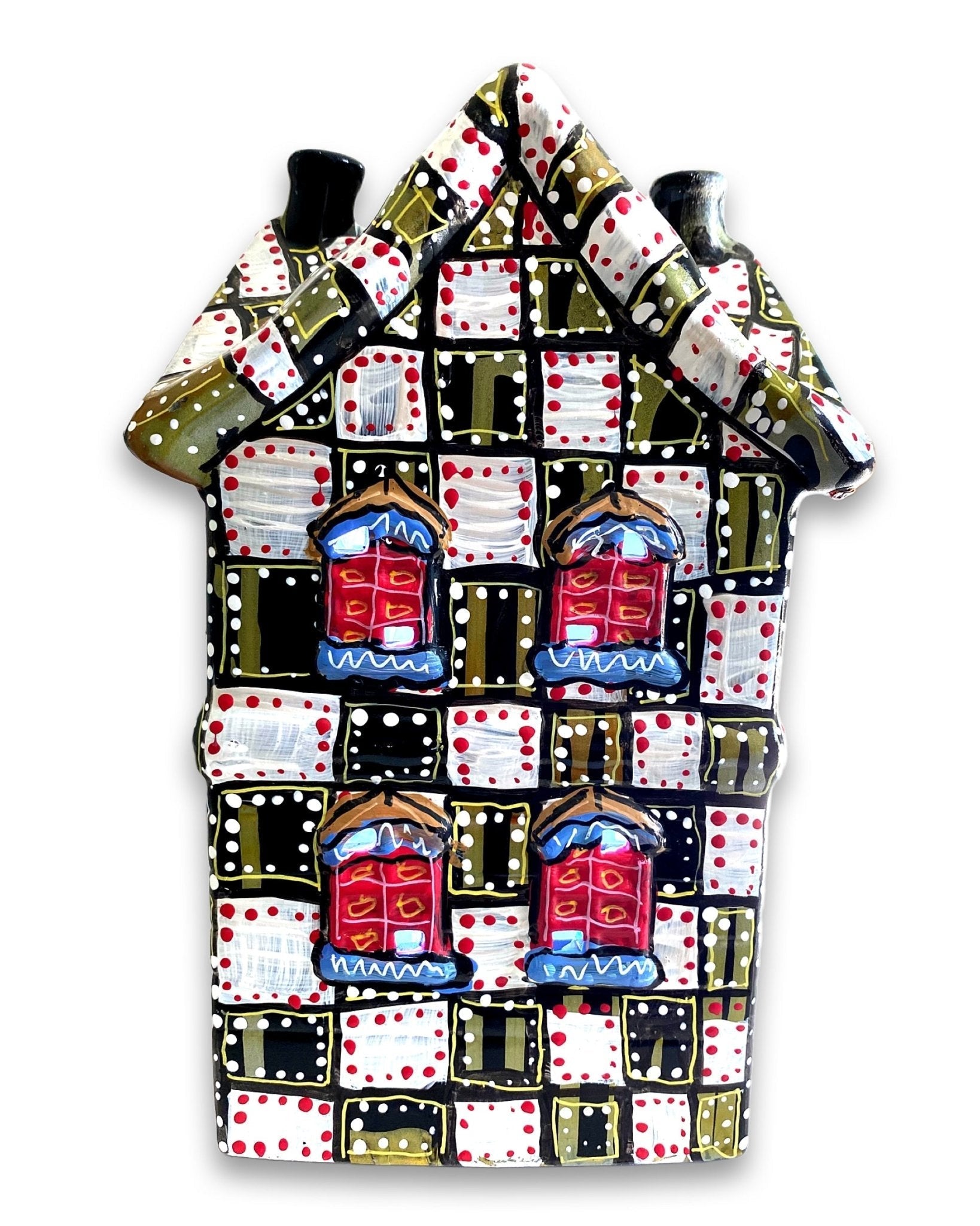 Black, White & Brass Hand Painted Ceramic LED Christmas Village House - Heather Freitas - fine art home deccor