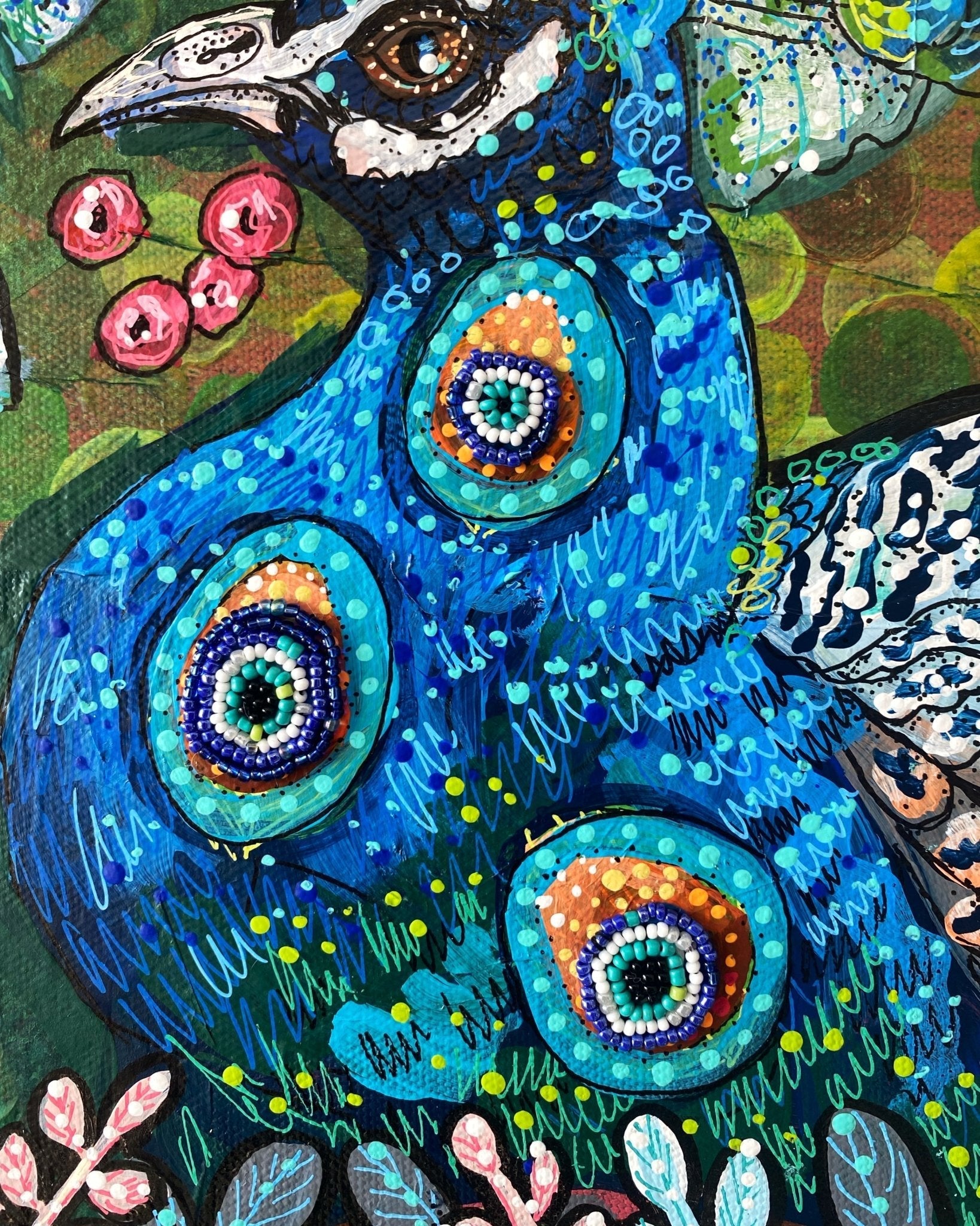 Evil Eye Blue Boy Peacock ( Original Painting With Beaded Accents ) - Heather Freitas - fine art home deccor
