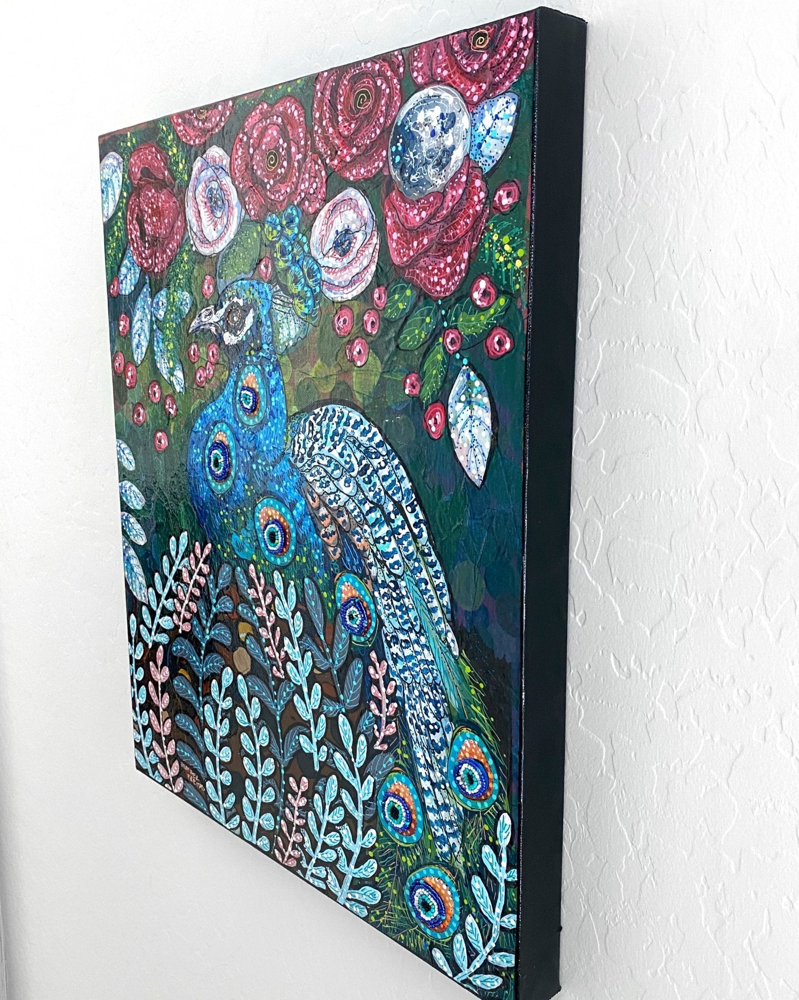 Evil Eye Blue Boy Peacock ( Original Painting With Beaded Accents ) - Heather Freitas - fine art home deccor