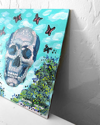 Blue Skies & Butterflies Skull ( Original Painting ) - Heather Freitas - fine art home deccor