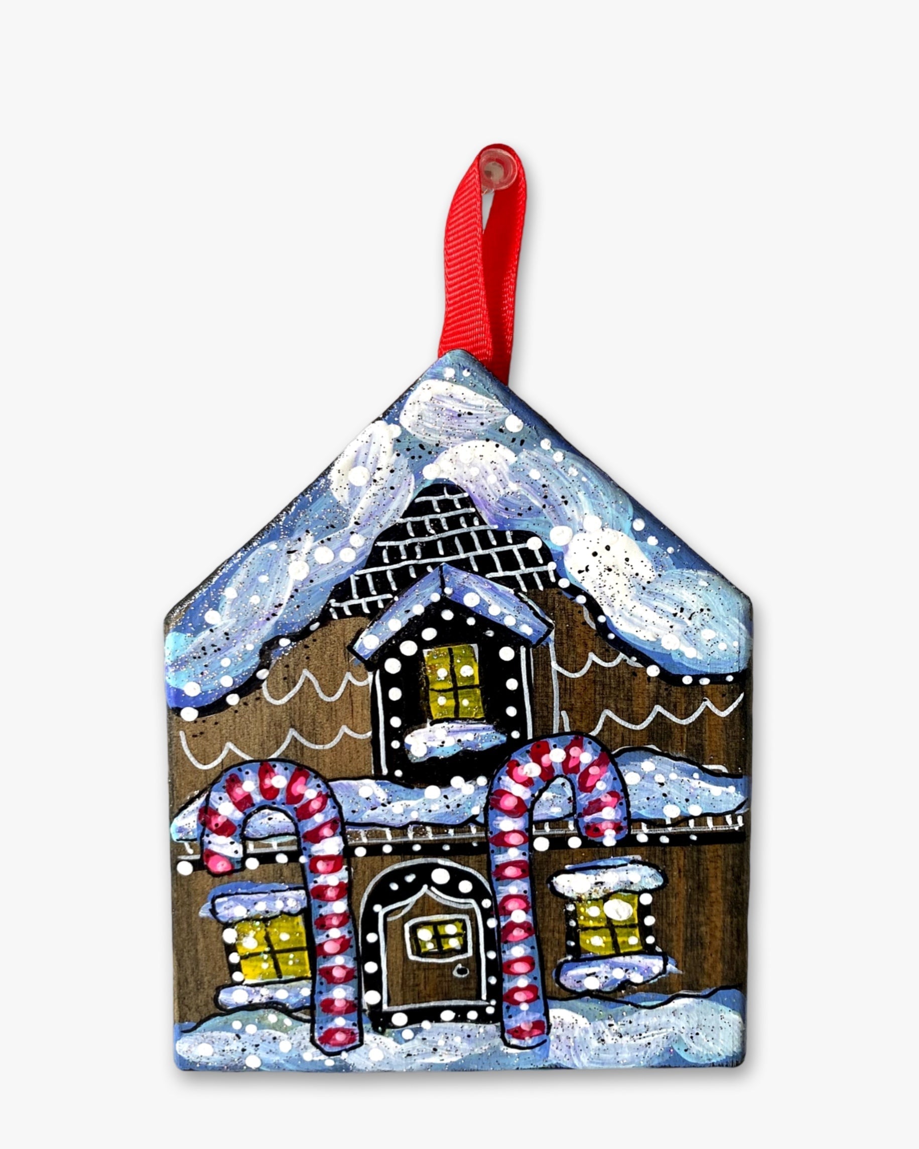 Candy Cane Gingerbread Cottage - Hand Painted Ornament - Heather Freitas - fine art home deccor