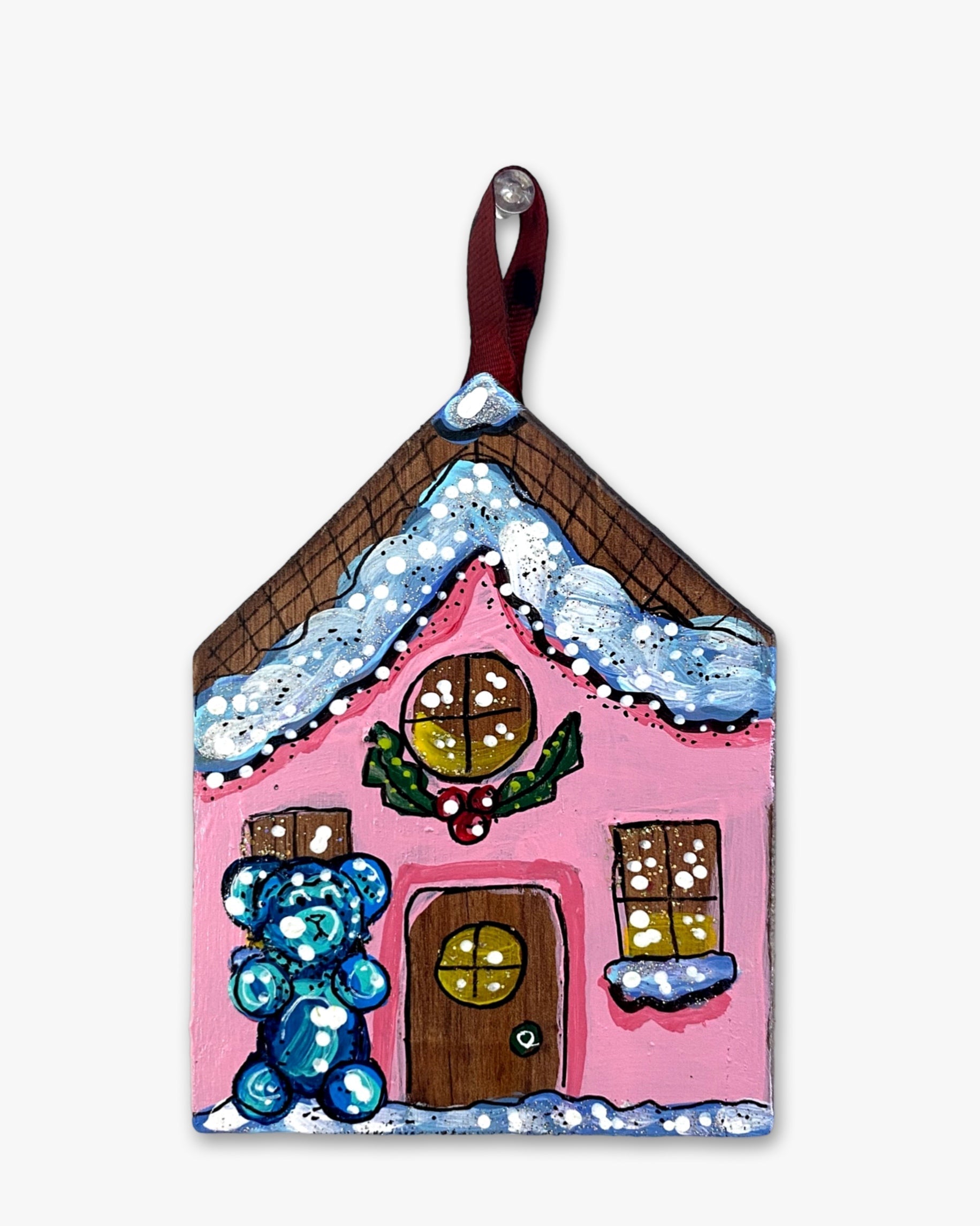 Gummy Bear Pink Frosting Gingerbread House - Hand Painted Ornament - Heather Freitas - fine art home deccor