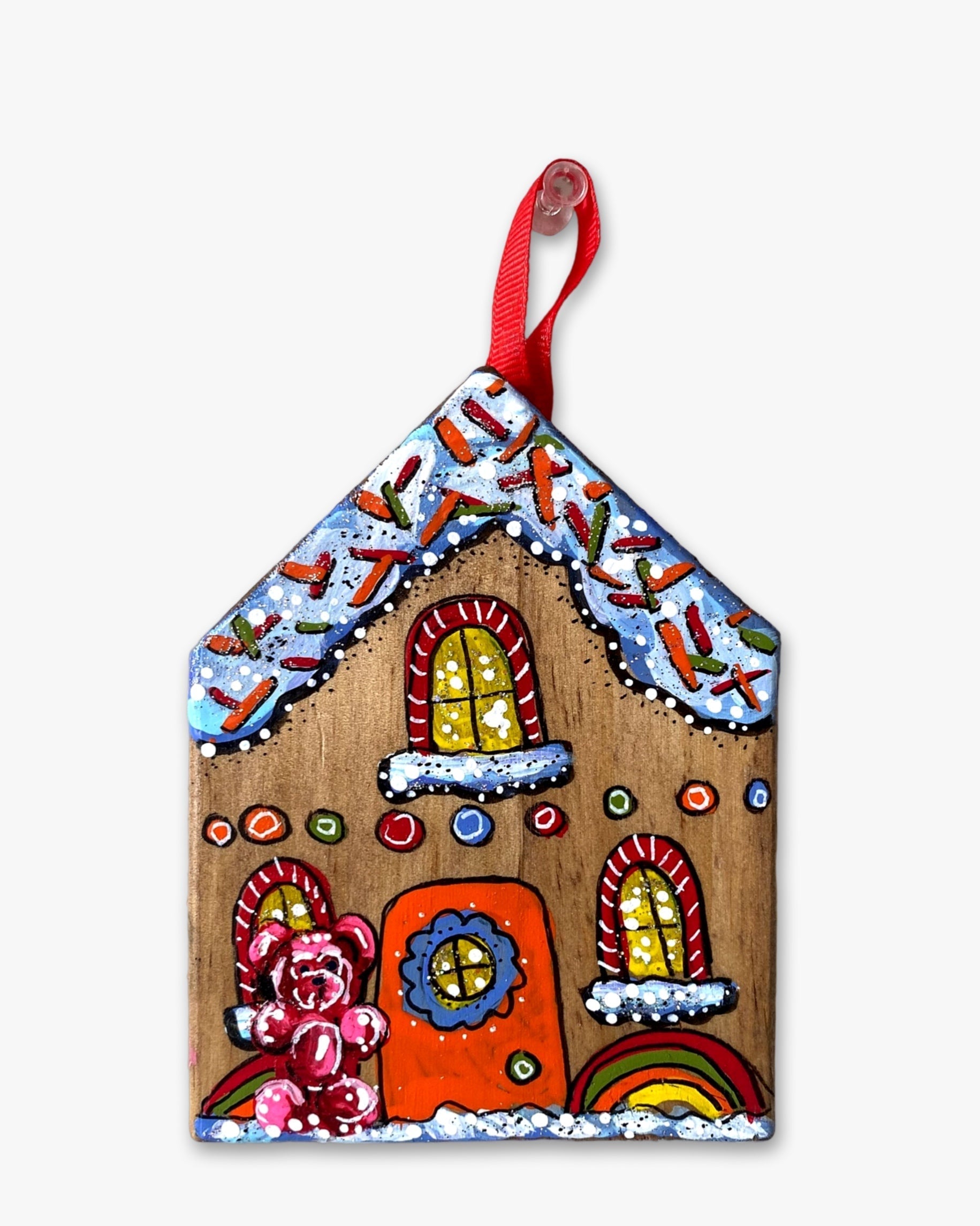 Gummy Bear Vintage Rainbow Gingerbread House - Hand Painted Ornament - Heather Freitas - fine art home deccor